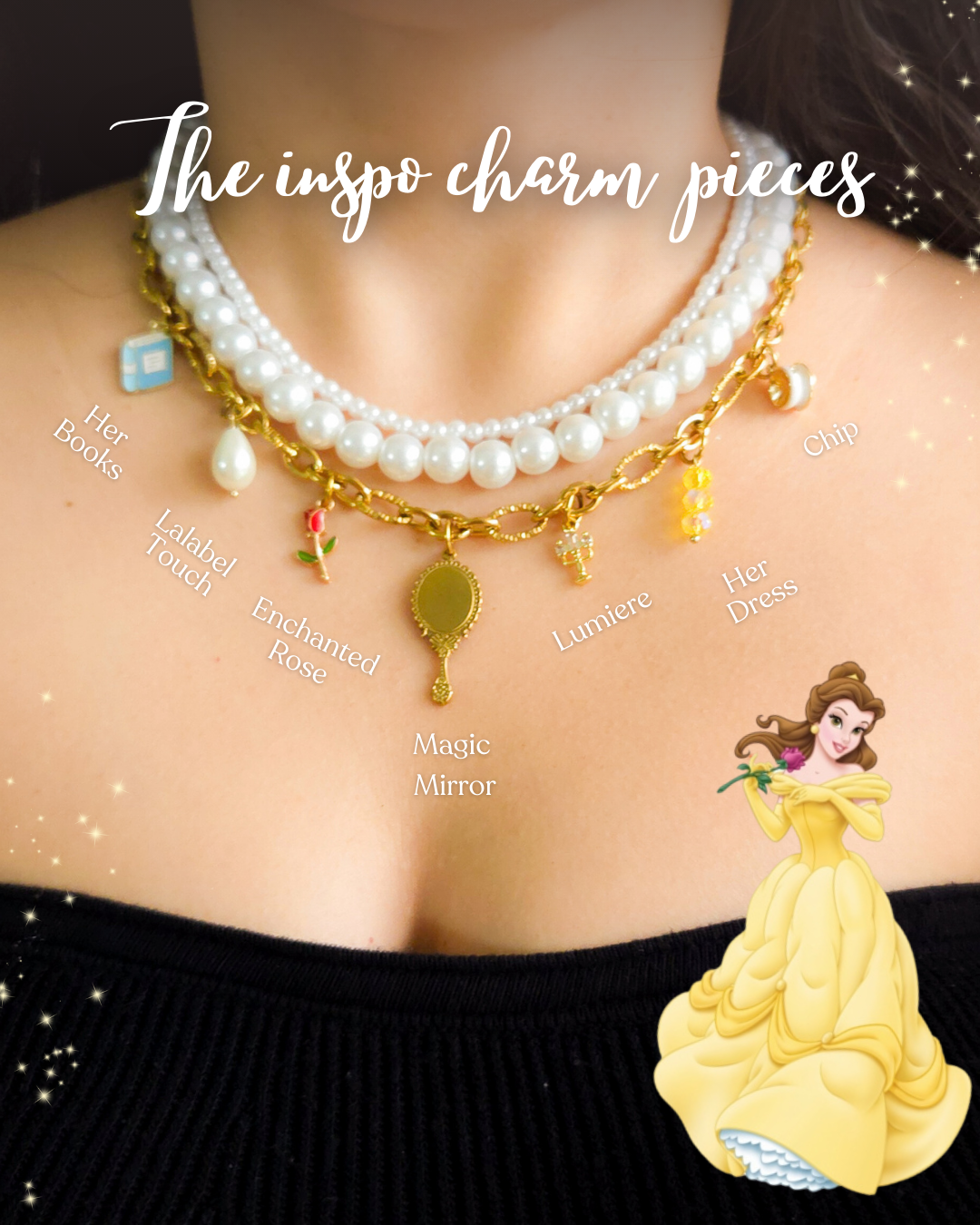 Belle princess inspired necklace featuring pearl layers and golden chain adorned with charms: rose, mirror, books, Chip the teacup, and more.