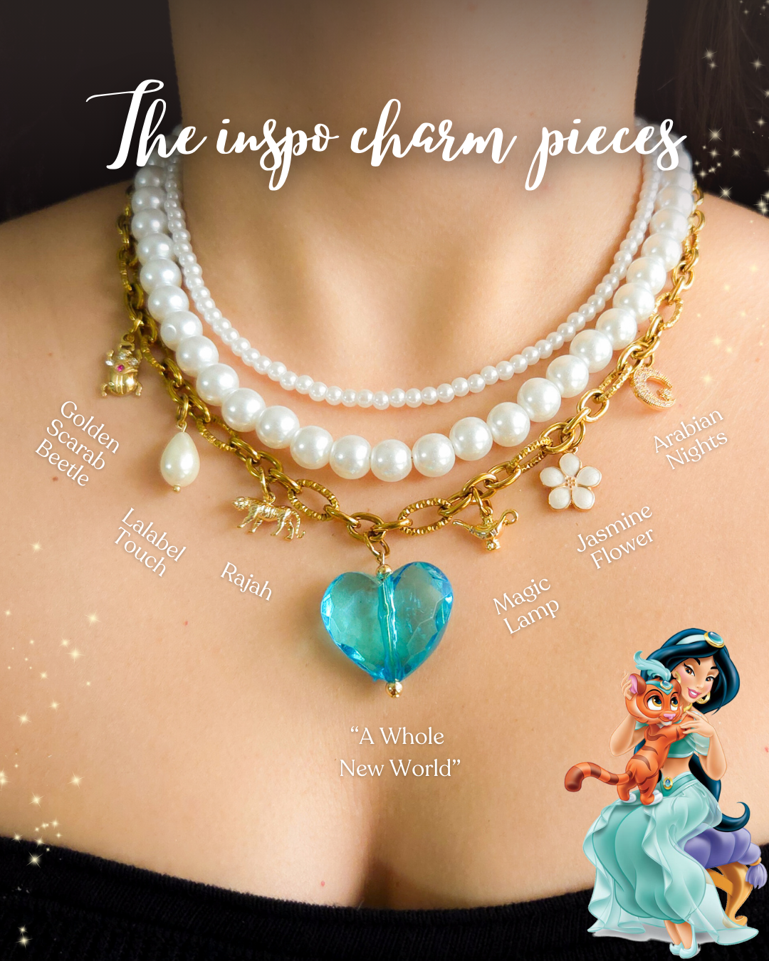Close-up of a Jasmine-inspired charm necklace with layered glass pearls, gold chain, blue heart pendant, and magical elements like a tiger, flower, moon, and lamp.