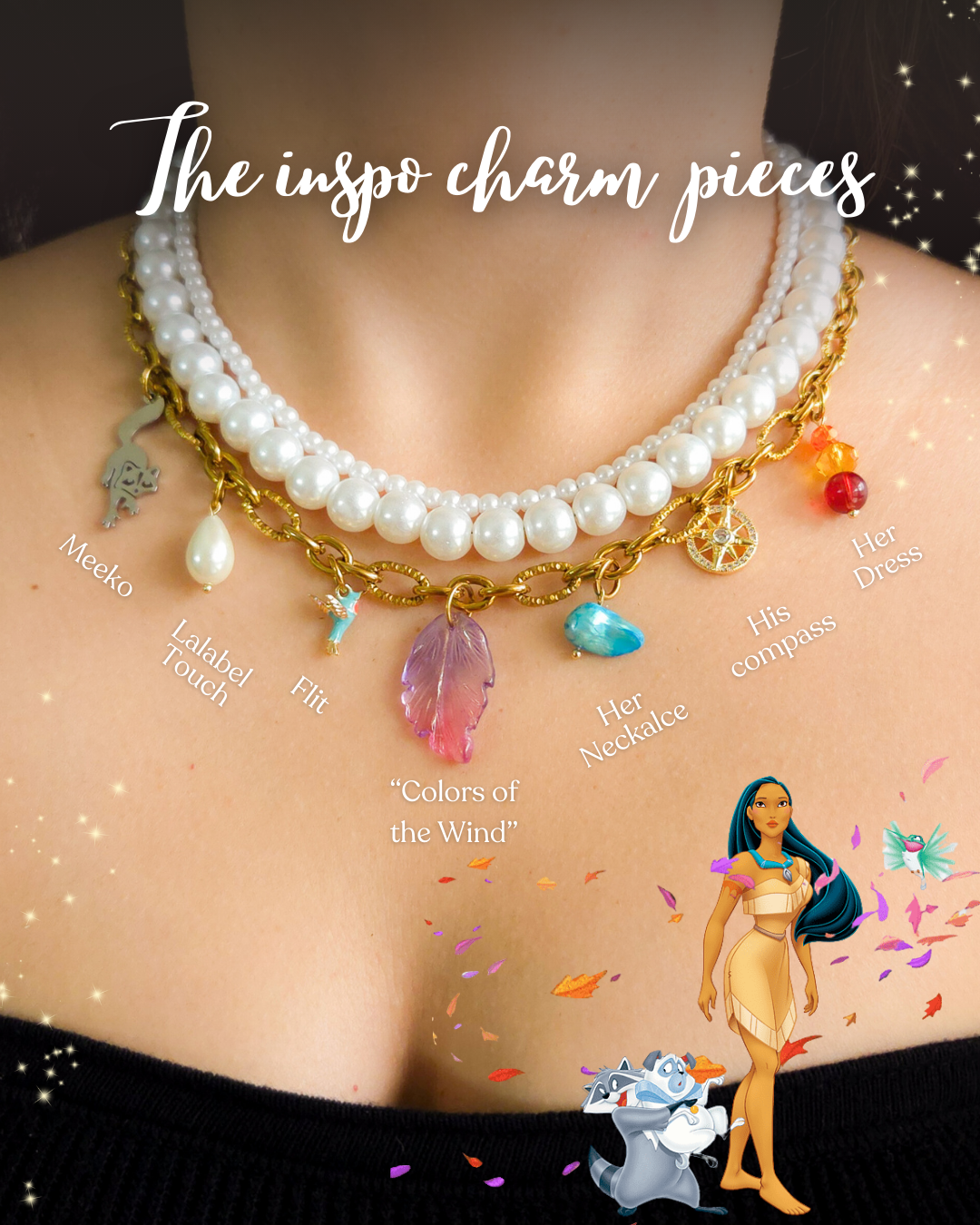Close-up of a Pocahontas-inspired layered necklace featuring glass pearls, gold chain, and themed charms including a raccoon, bird, feather, compass, and gemstone drops.