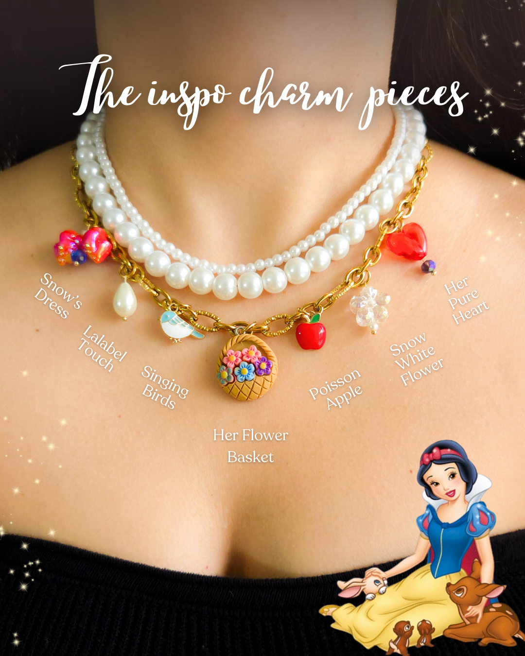 Close-up of a three-layer Snow White inspired necklace featuring pearls, a golden chain, and themed charms like a poison apple, singing bird, flower basket, and red heart. Worn on a model's neck.