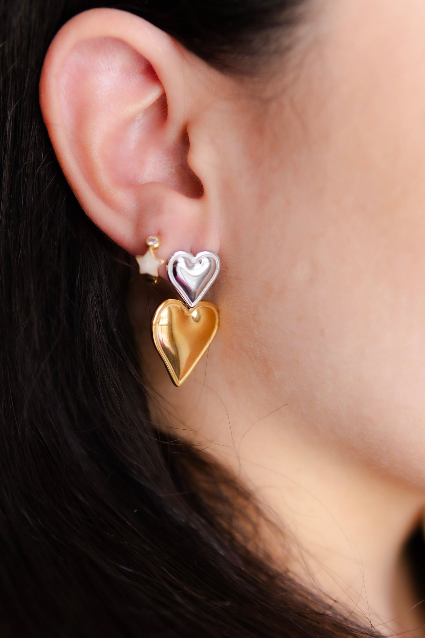 π Falling in Love Chic Earrings β Gold & Silver Layered Stainless Steel Hearts | Handmade Statement Jewelry