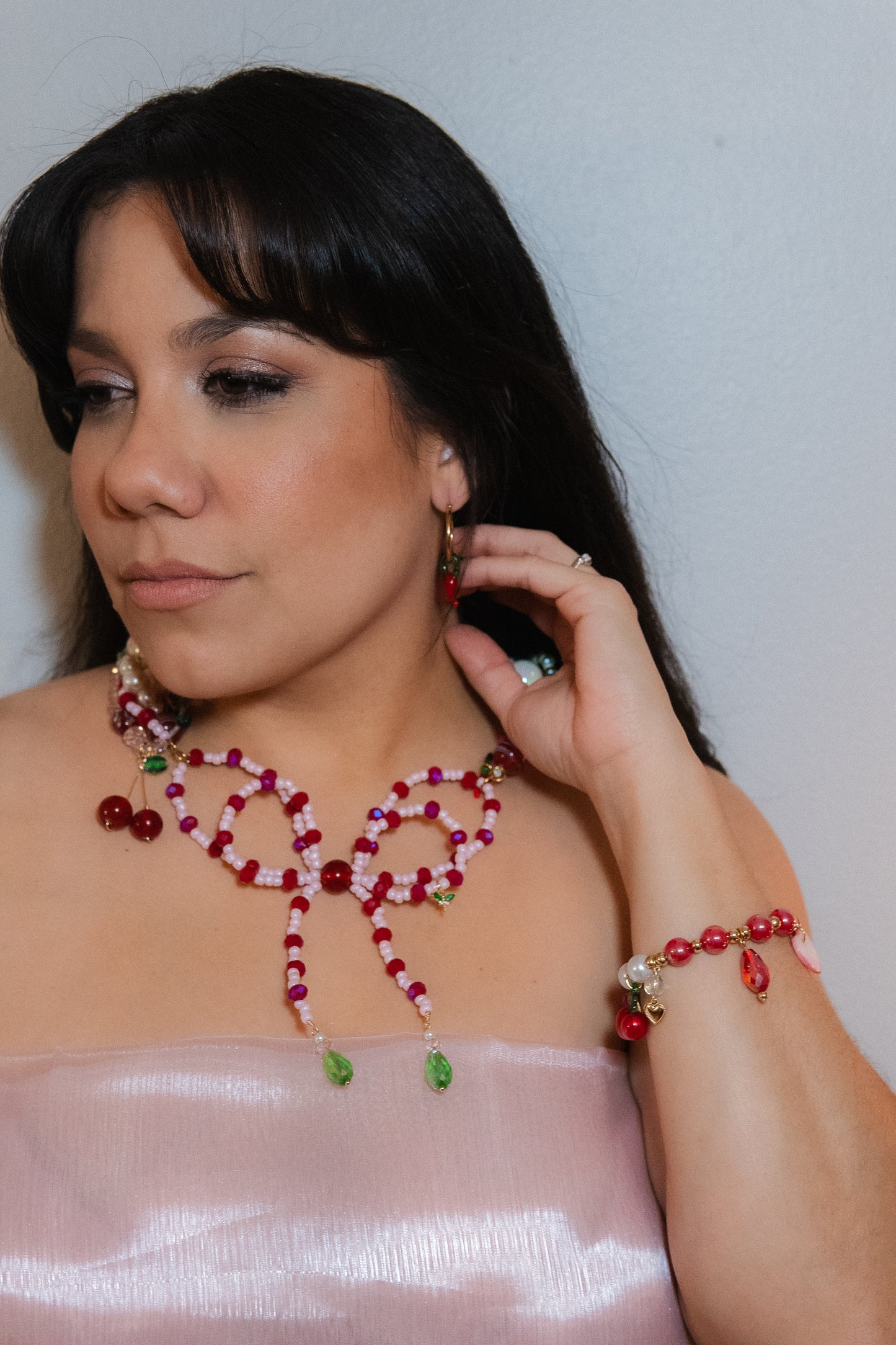 ππ Lazo Cherry Dreams Necklace β Beaded Bow, Cherries & Semi-Precious Stones | Handmade Statement Jewelry