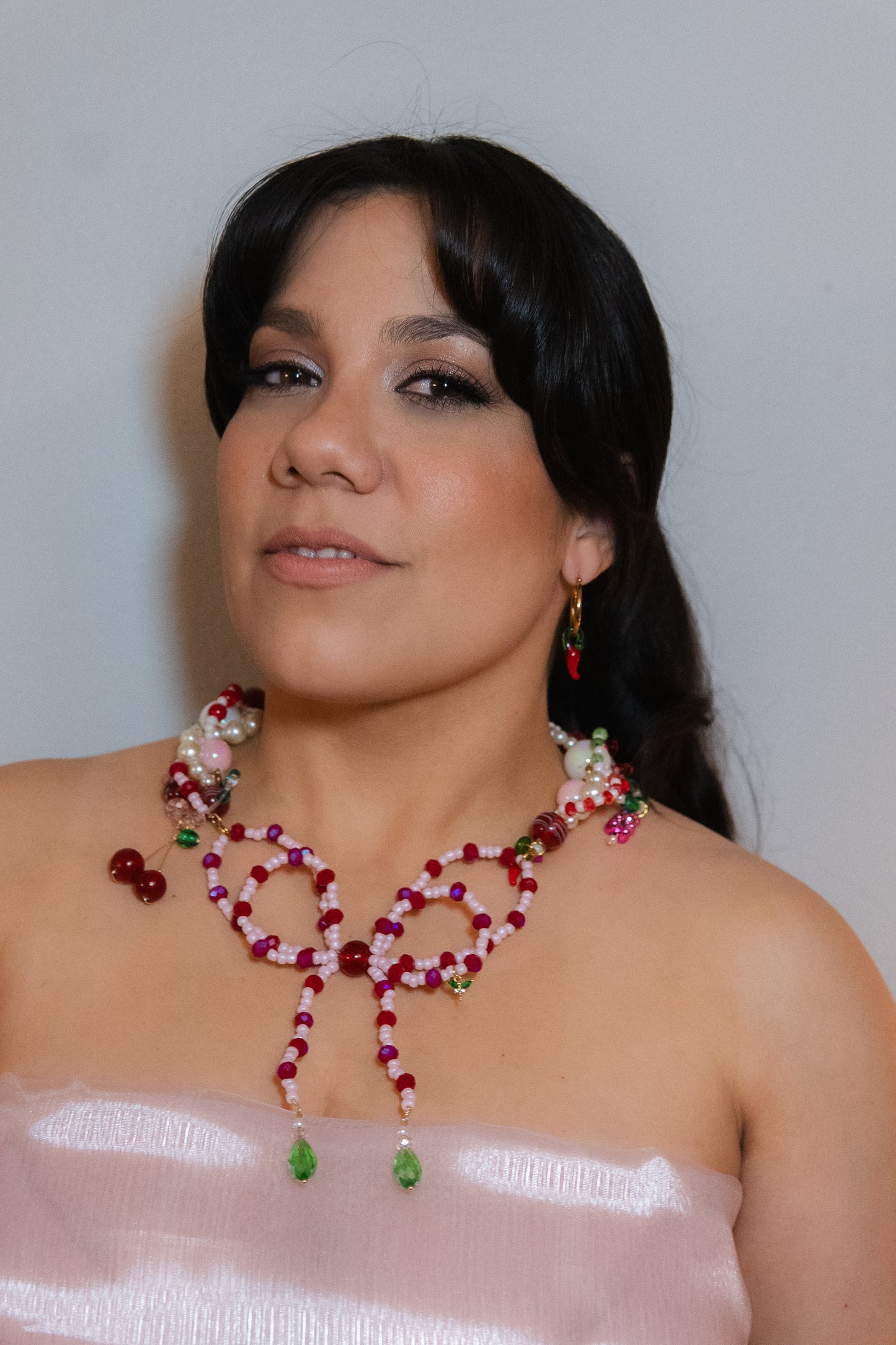 ππ Lazo Cherry Dreams Necklace β Beaded Bow, Cherries & Semi-Precious Stones | Handmade Statement Jewelry