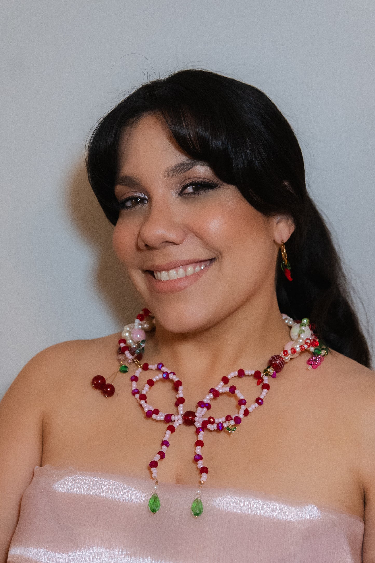 ππ Lazo Cherry Dreams Necklace β Beaded Bow, Cherries & Semi-Precious Stones | Handmade Statement Jewelry