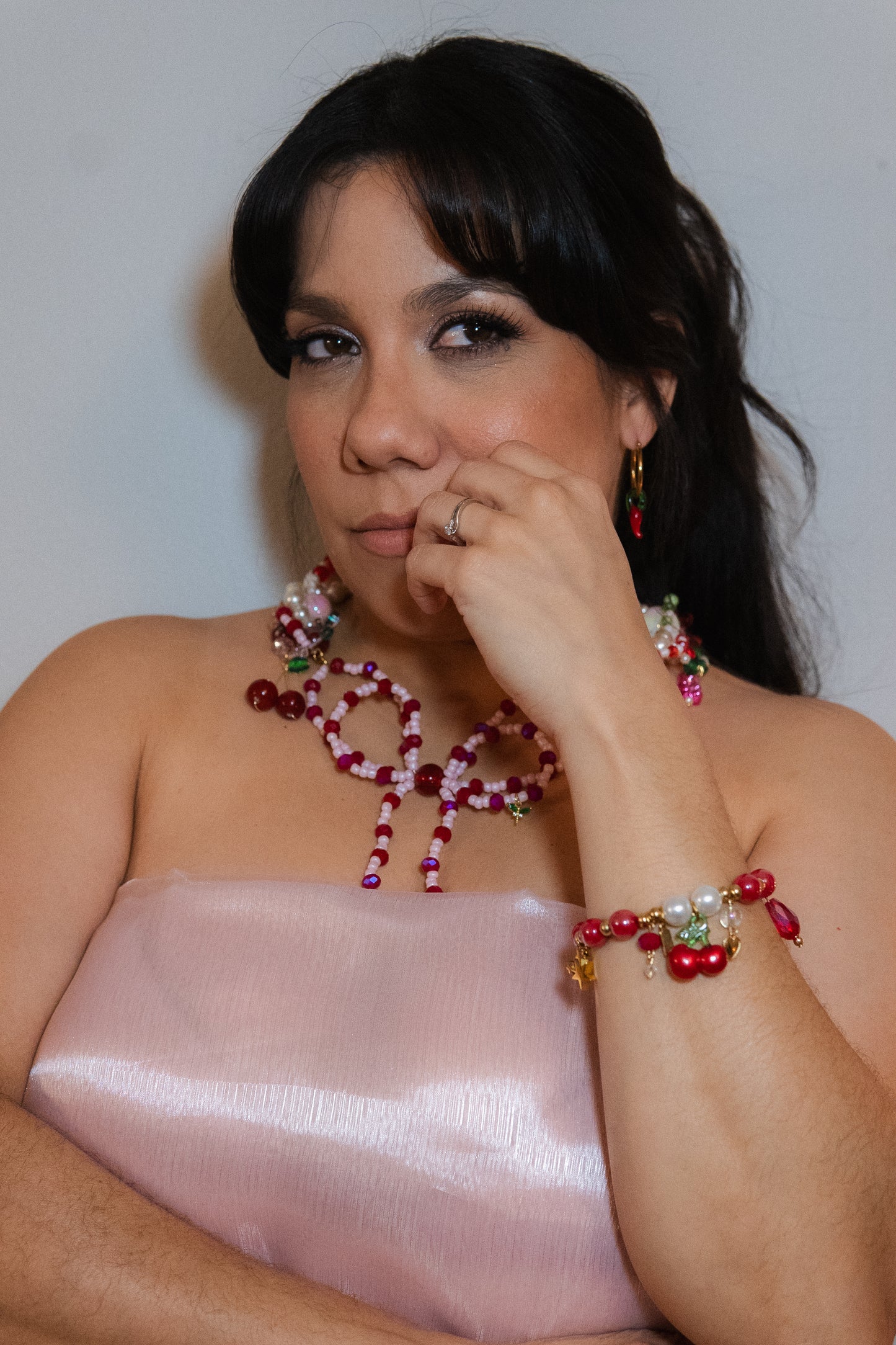 ππ Lazo Cherry Dreams Necklace β Beaded Bow, Cherries & Semi-Precious Stones | Handmade Statement Jewelry