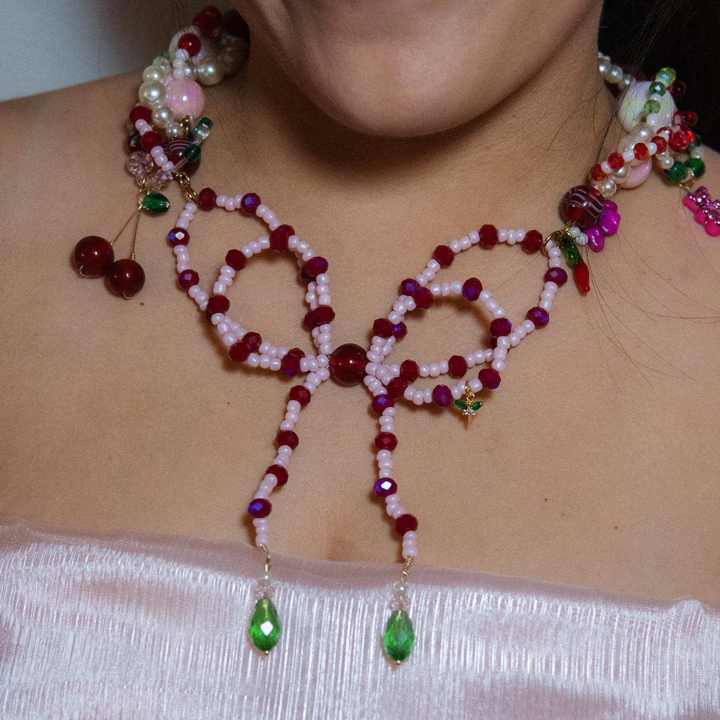 ππ Lazo Cherry Dreams Necklace β Beaded Bow, Cherries & Semi-Precious Stones | Handmade Statement Jewelry