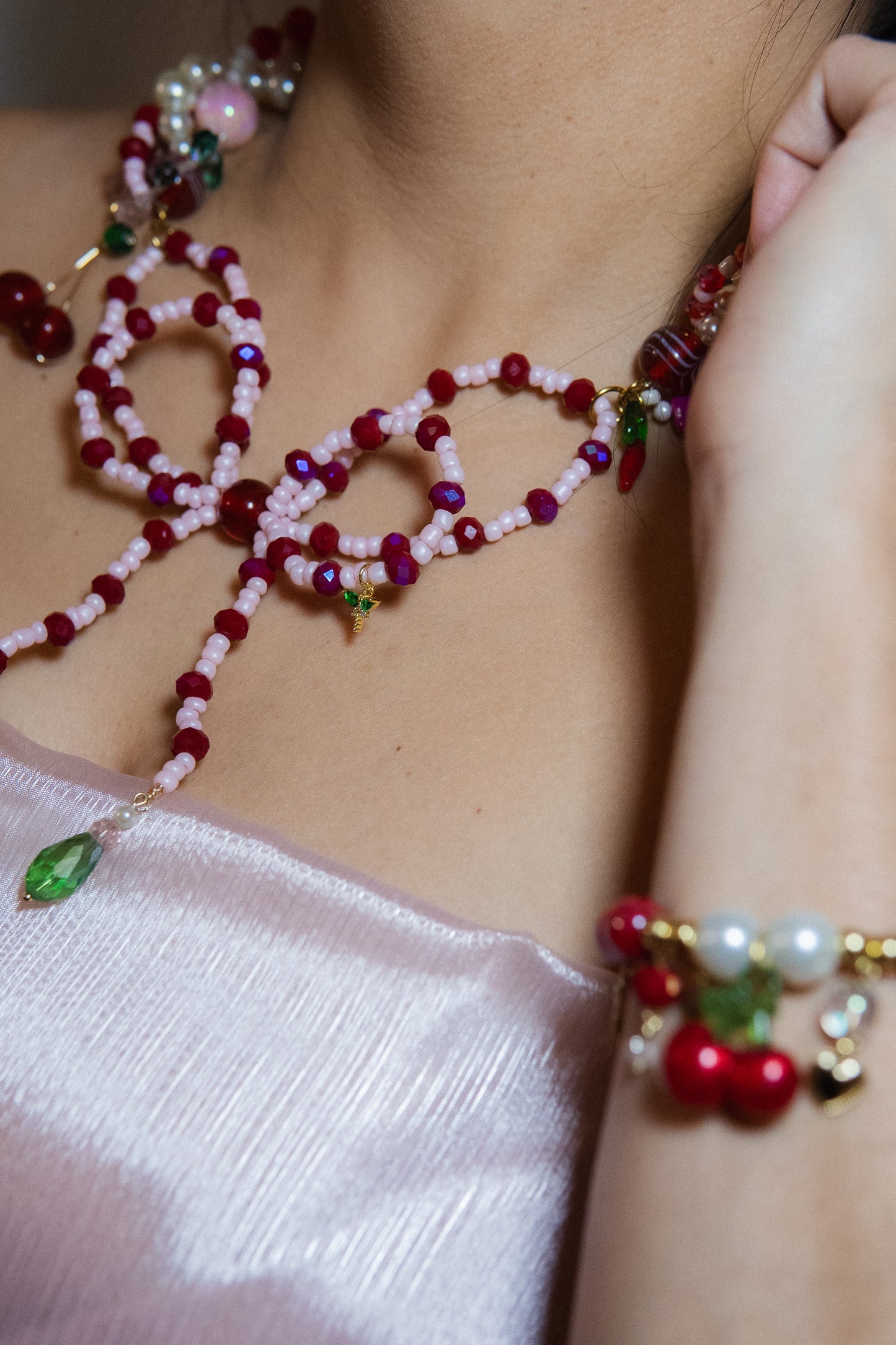 ππ Lazo Cherry Dreams Necklace β Beaded Bow, Cherries & Semi-Precious Stones | Handmade Statement Jewelry