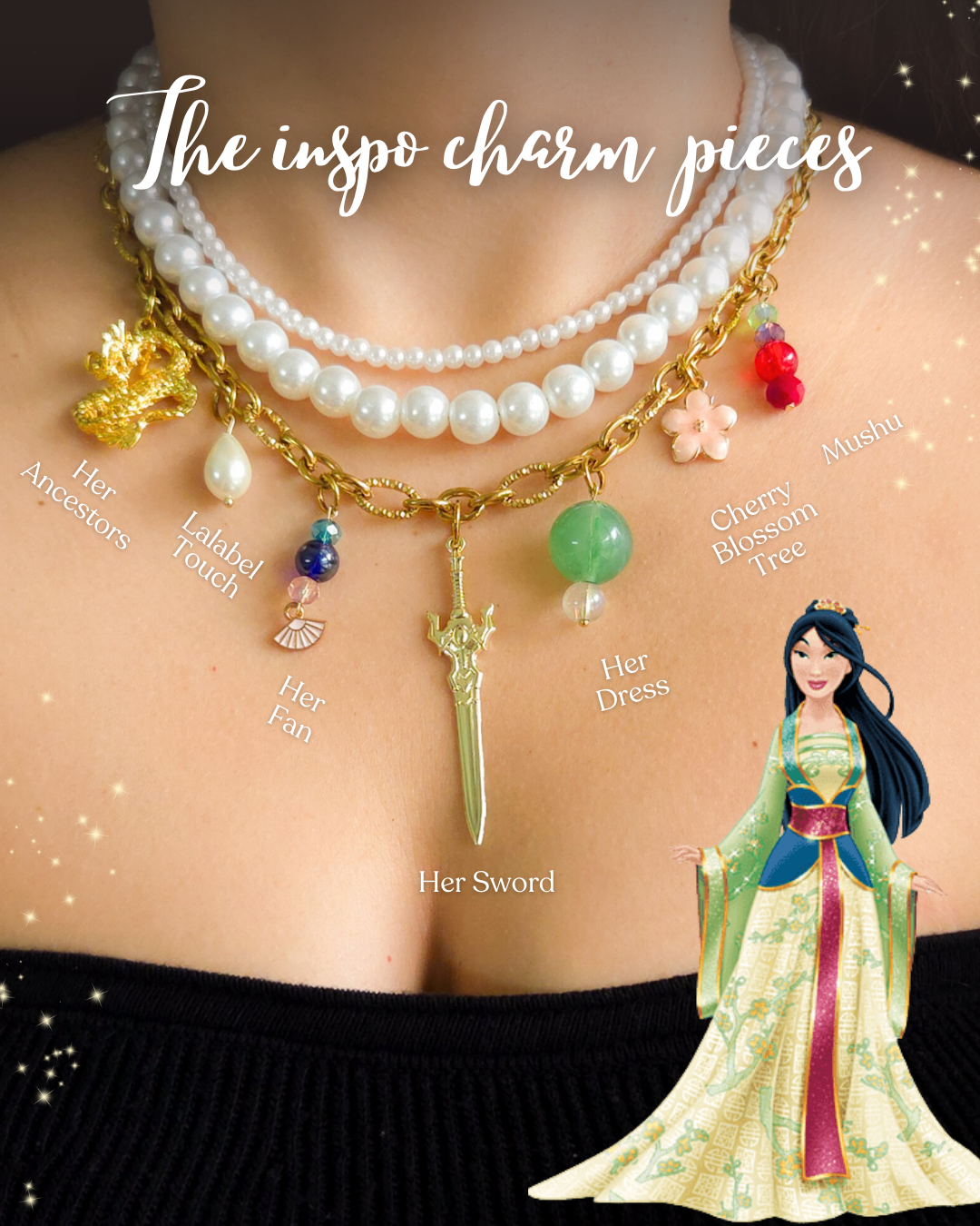 Mulan-inspired handmade necklace with sword charm, jade bead, dragon pendant, cherry blossom charm and layered glass pearls.