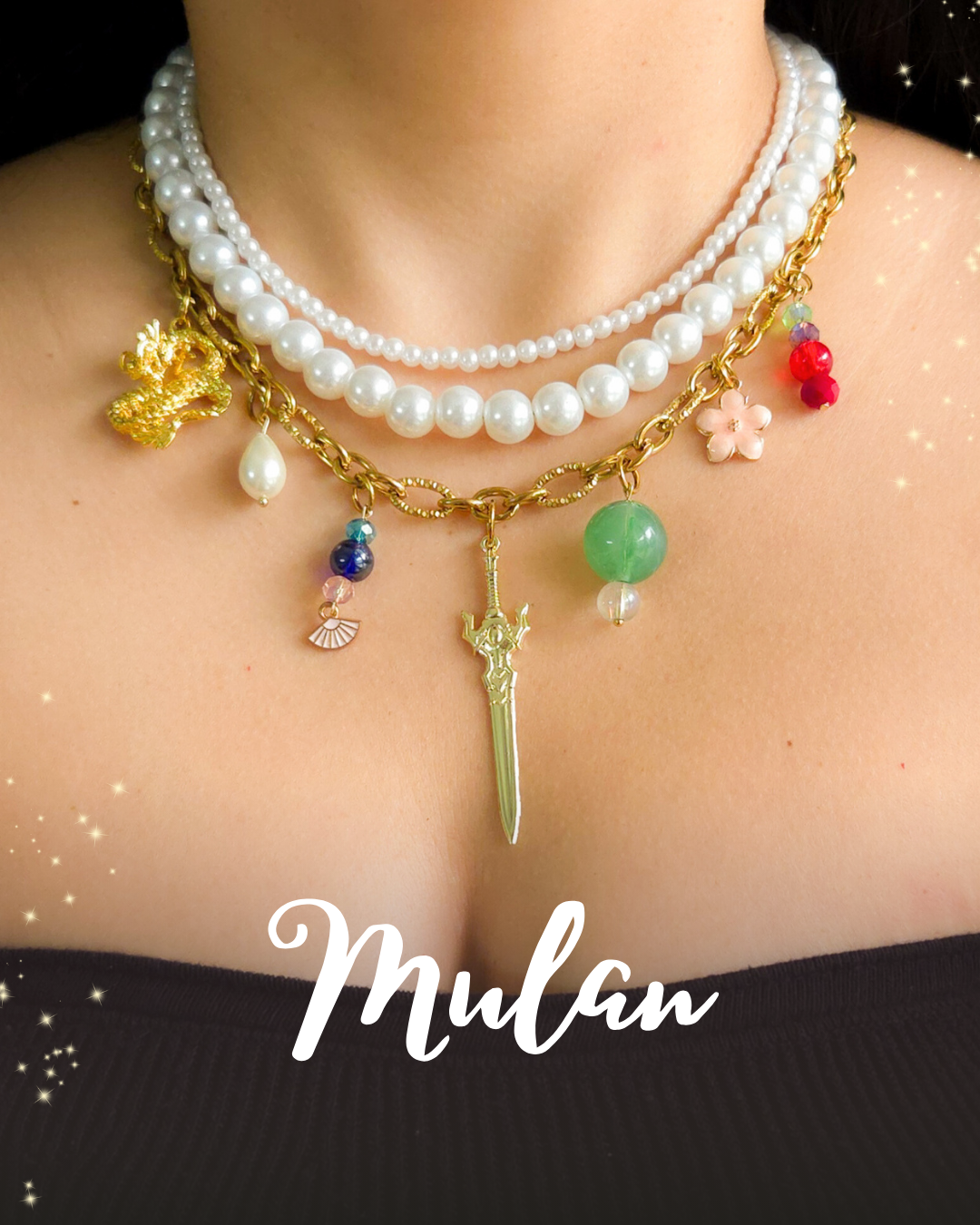 Mulan-inspired handmade necklace with sword charm, jade bead, dragon pendant, cherry blossom charm and layered glass pearls.