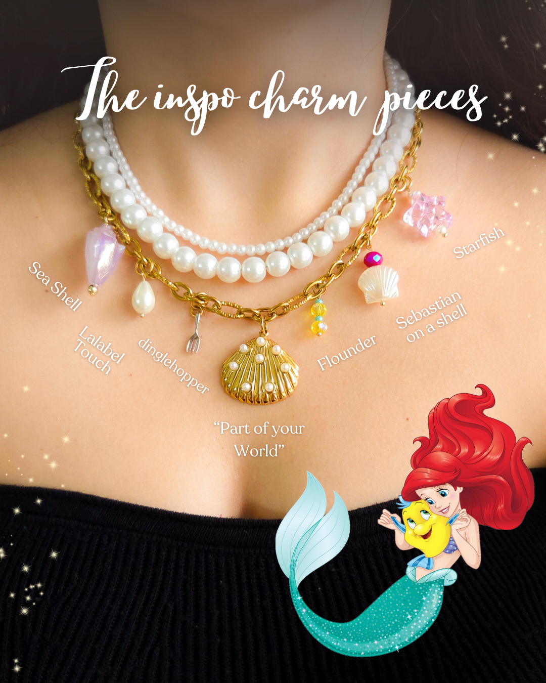 Three-layer Ariel-inspired necklace with glass pearls, gold-plated ocean-themed charms, and stainless steel chain. Handmade Disney princess jewelry.
