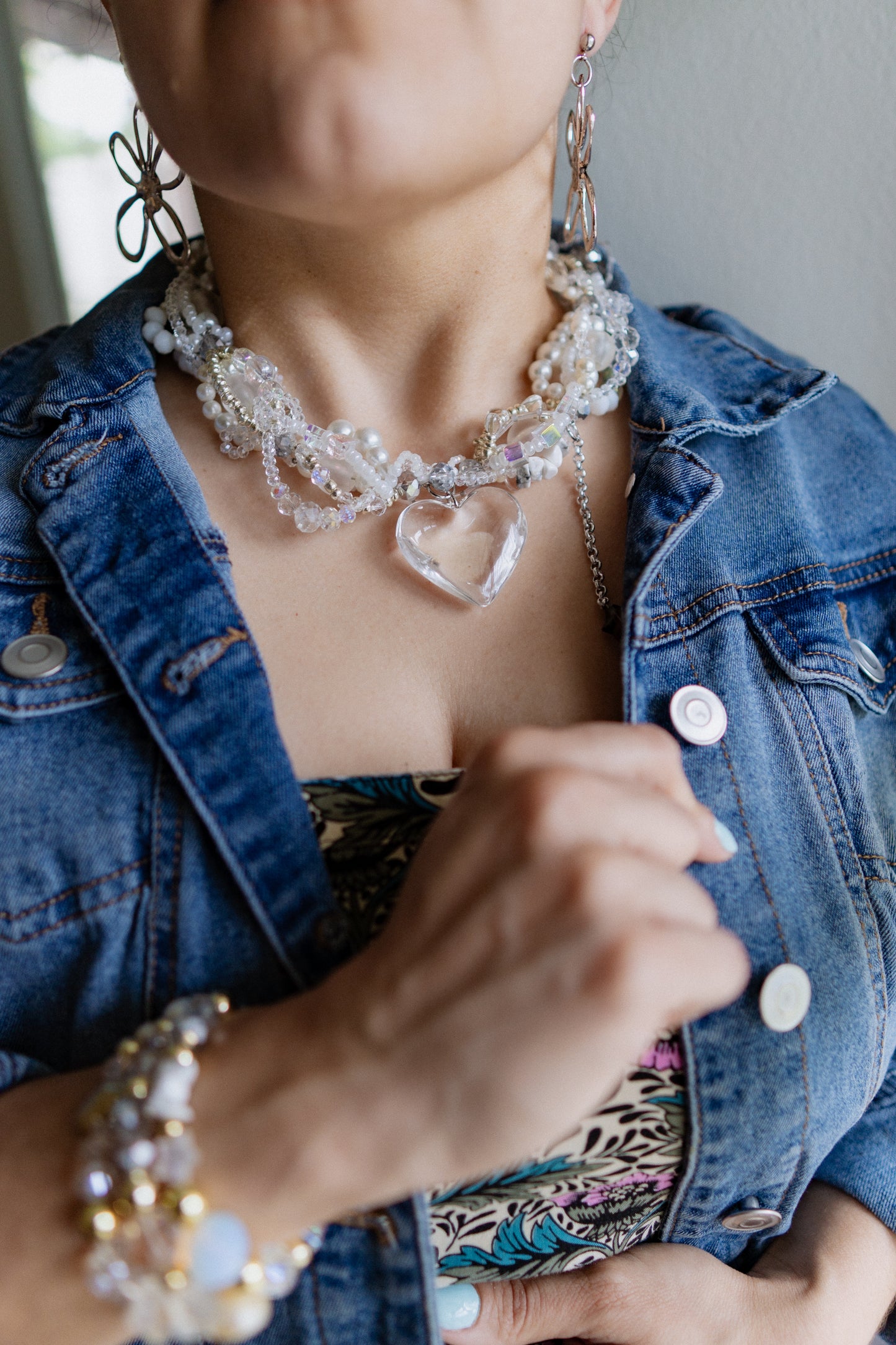 π Glass Bombshell Necklace β Glass Heart Pendant, Pearls & Stainless Steel | Handmade Statement Jewelry