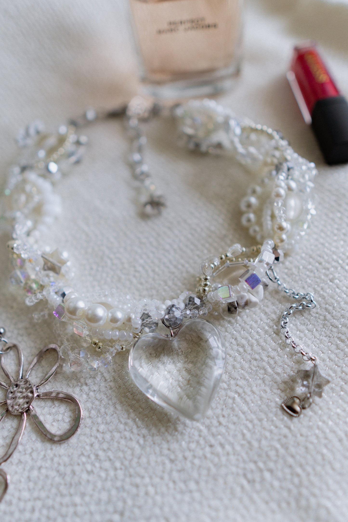 π Glass Bombshell Necklace β Glass Heart Pendant, Pearls & Stainless Steel | Handmade Statement Jewelry