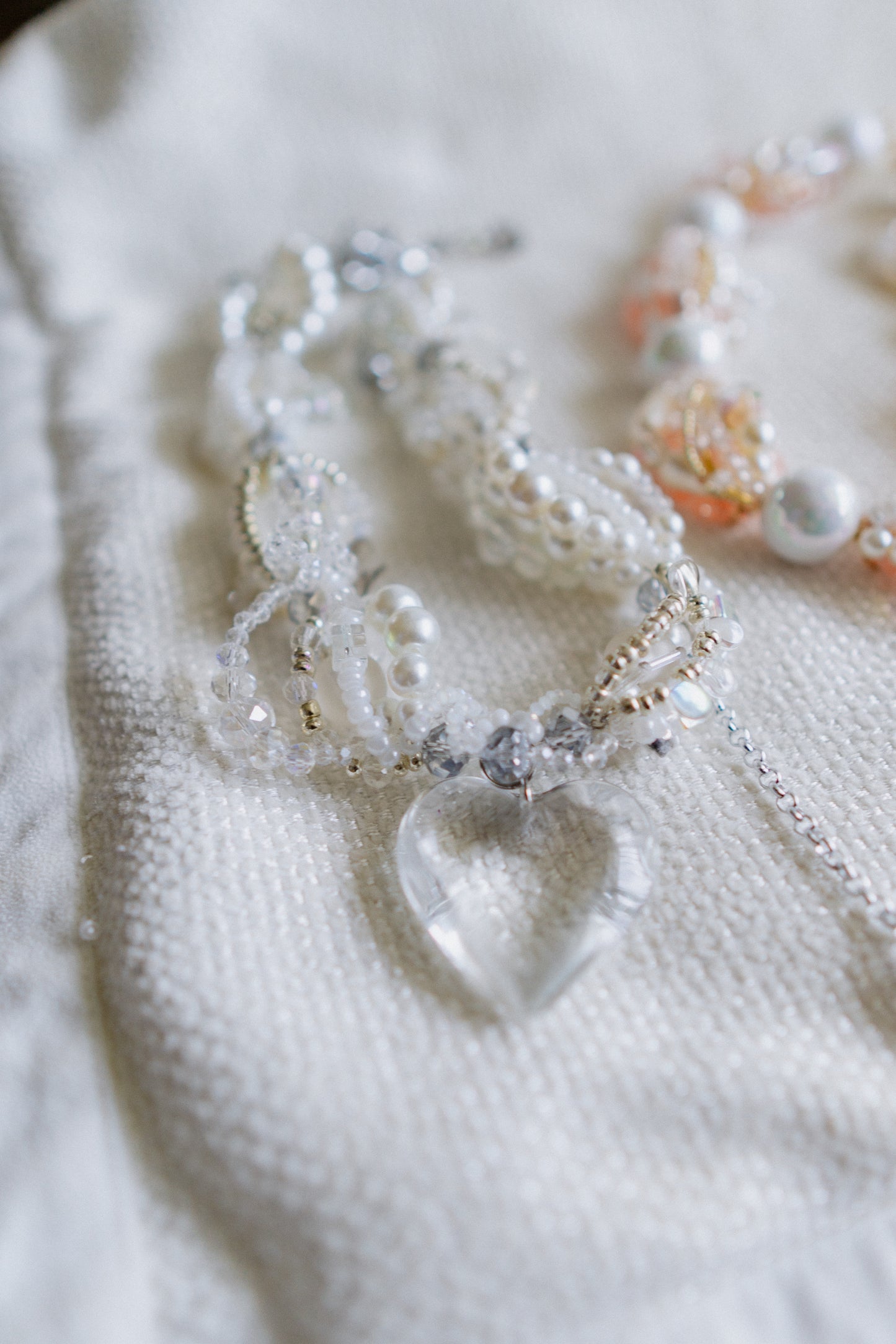 π Glass Bombshell Necklace β Glass Heart Pendant, Pearls & Stainless Steel | Handmade Statement Jewelry
