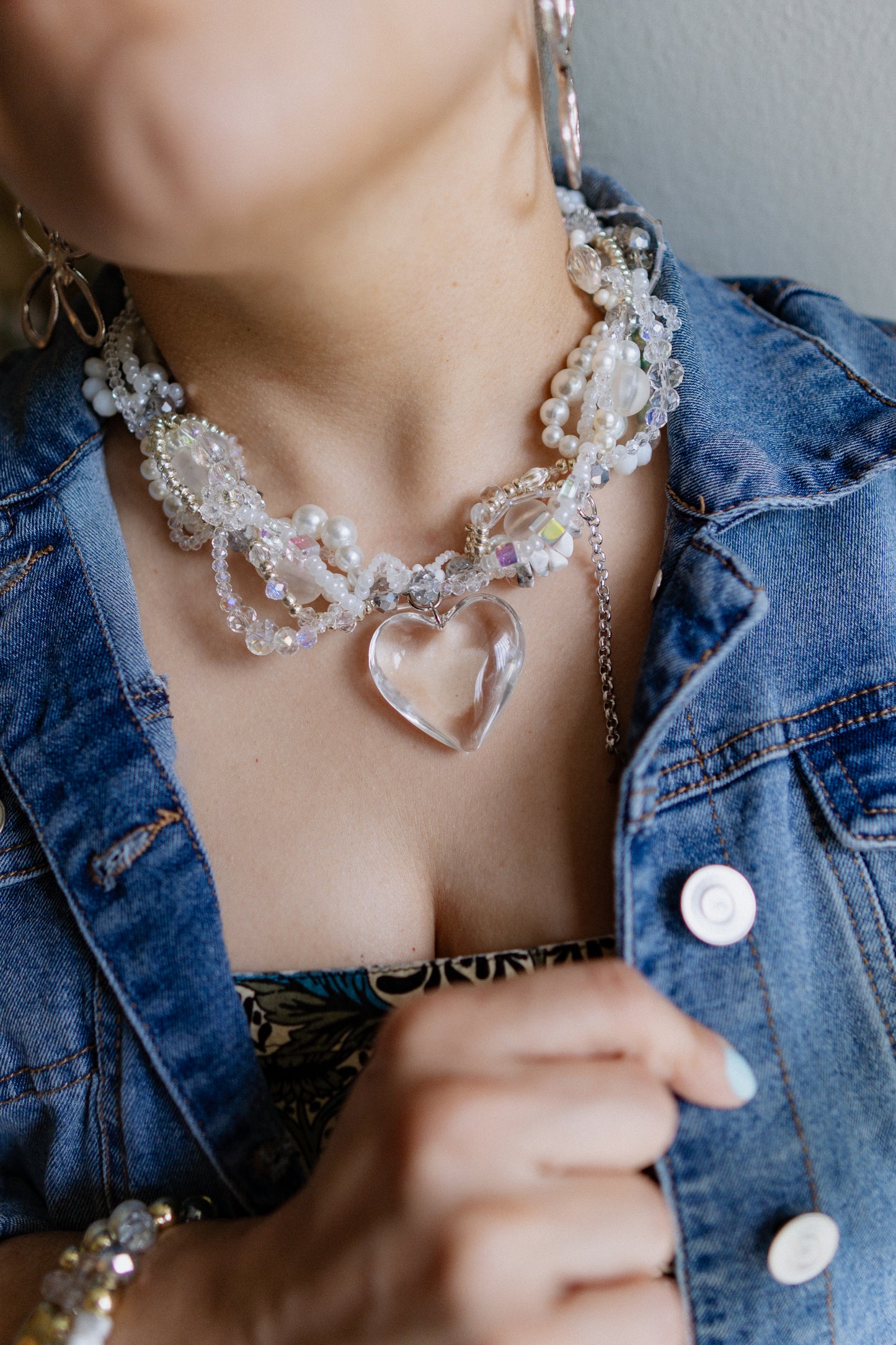 π Glass Bombshell Necklace β Glass Heart Pendant, Pearls & Stainless Steel | Handmade Statement Jewelry