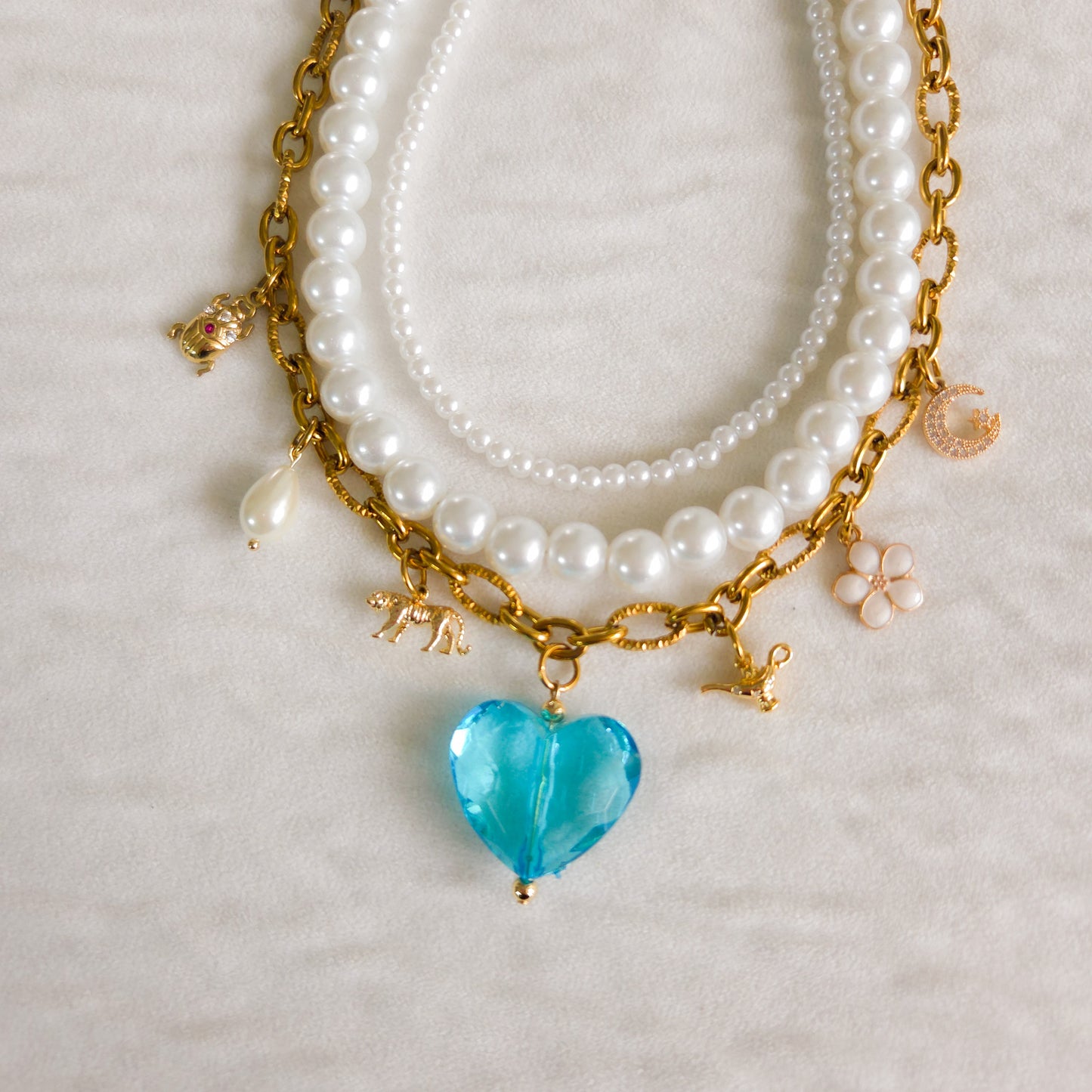 💎Jasmine-Inspired Layered Necklace – Handmade Statement Jewelry with Charms, Pearls & Golden Details