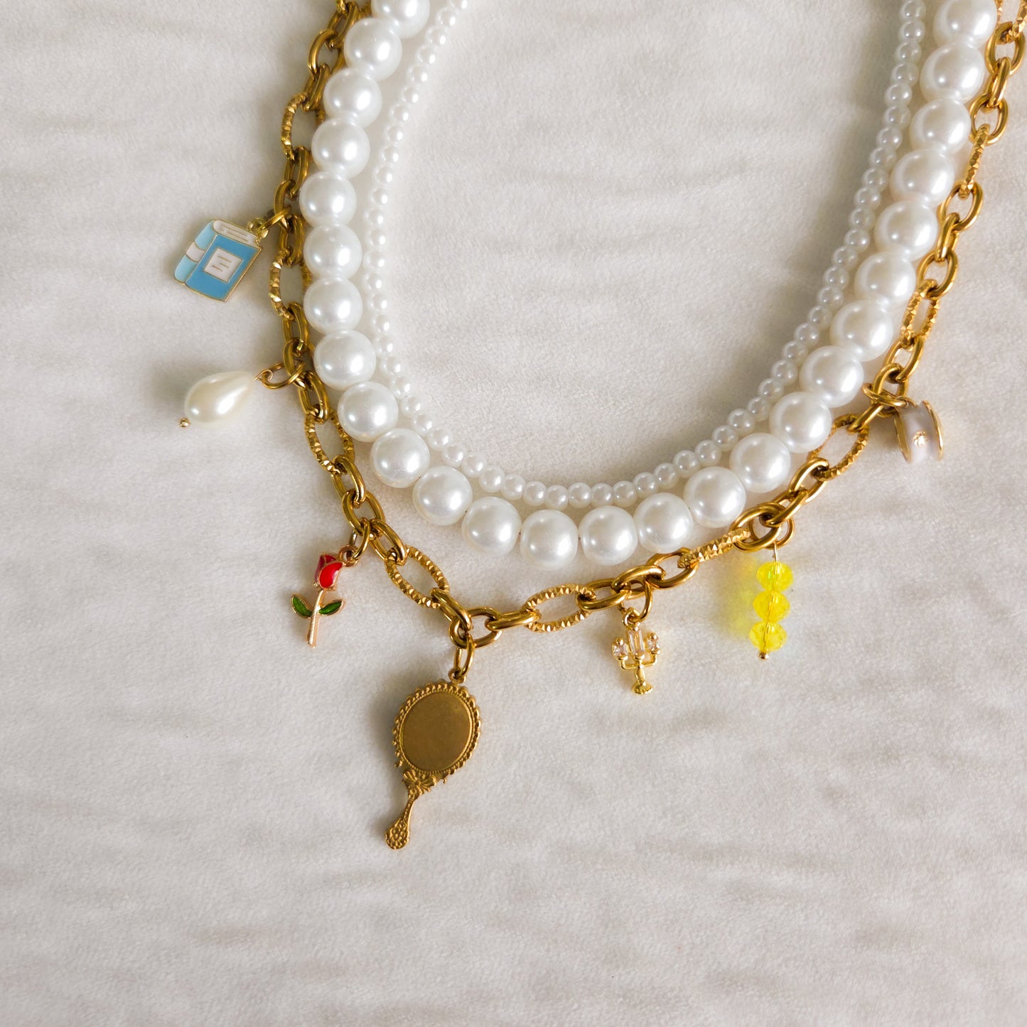 🥀 Belle – Disney Princess Charm Layered Pearl Necklace | Beauty & The Beast Jewelry