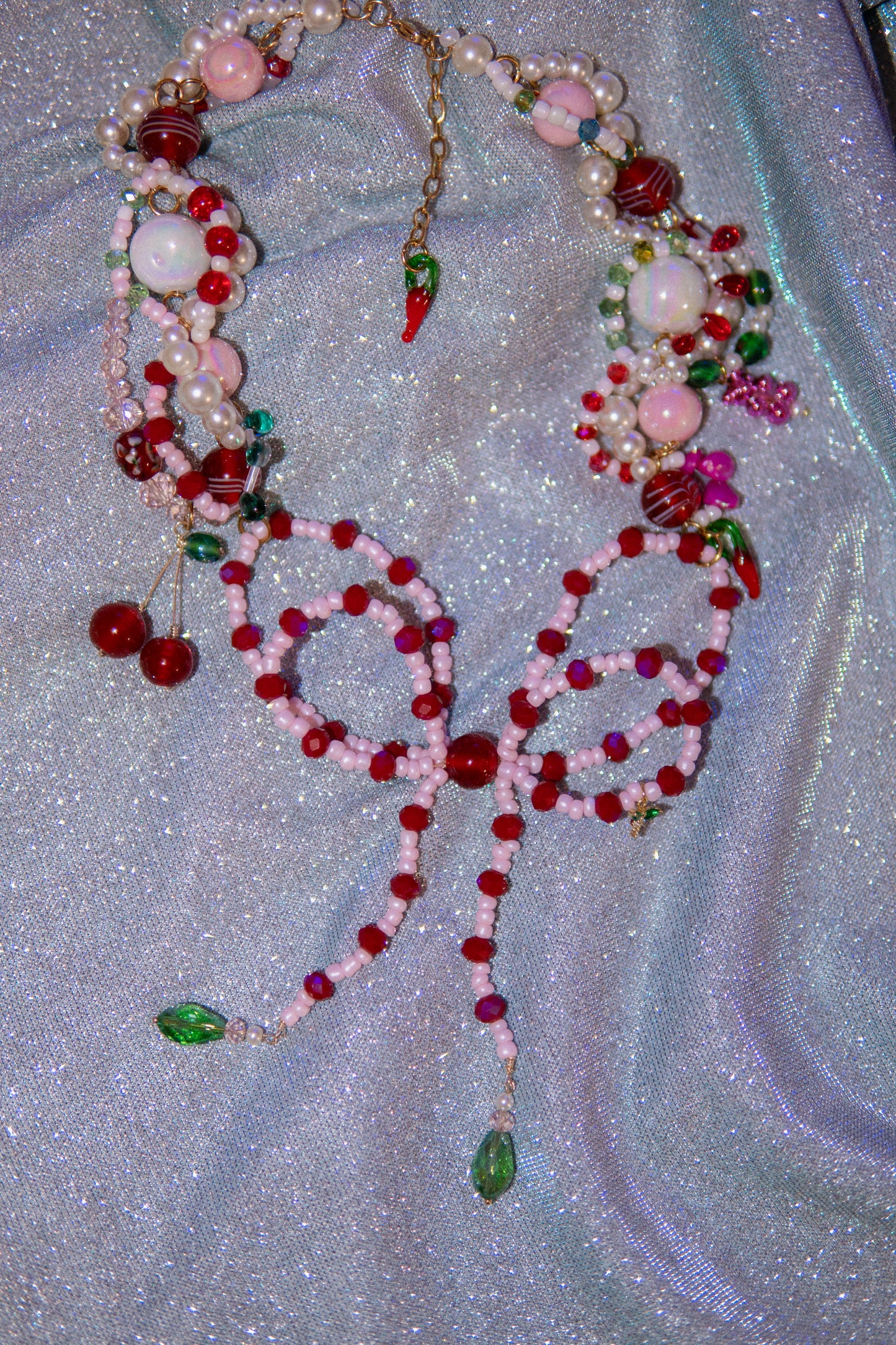 ππ Lazo Cherry Dreams Necklace β Beaded Bow, Cherries & Semi-Precious Stones | Handmade Statement Jewelry