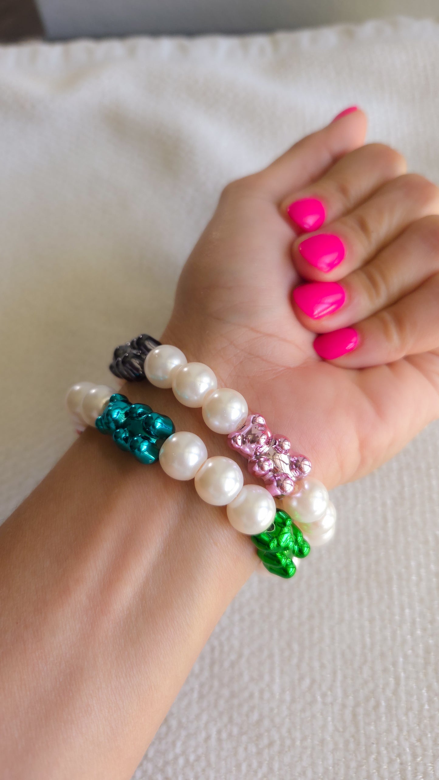 Metallic Teddy Pearl Bracelet Set ✨🐻 | Handmade Y2K Kawaii Dopamine Dressing Jewelry