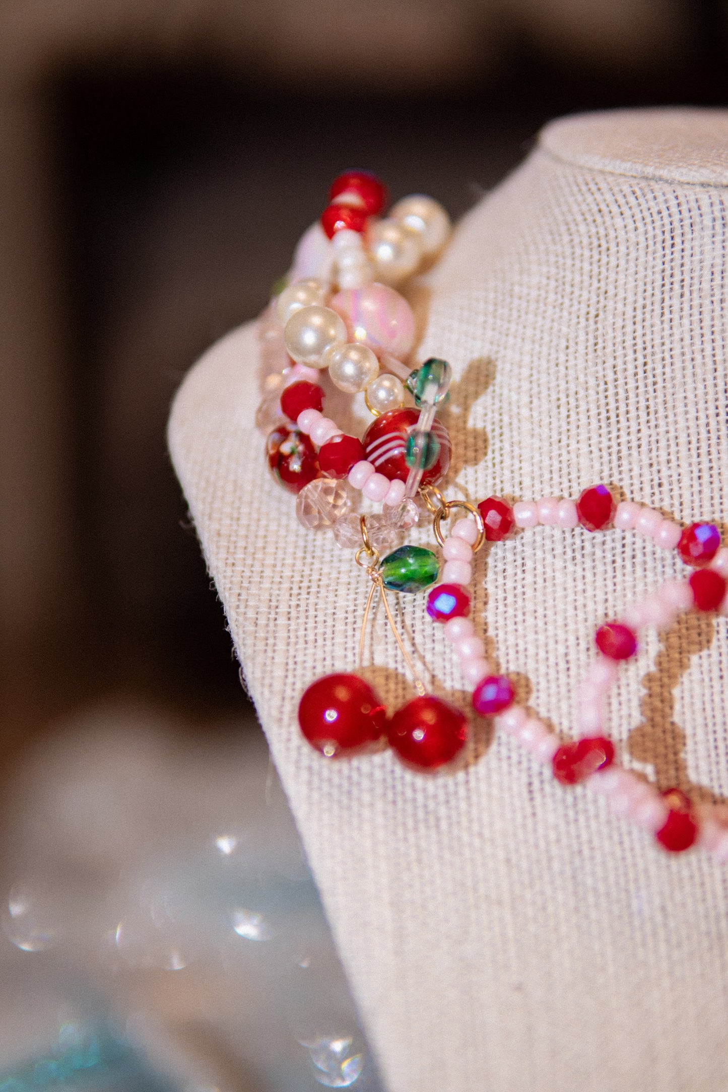ππ Lazo Cherry Dreams Necklace β Beaded Bow, Cherries & Semi-Precious Stones | Handmade Statement Jewelry