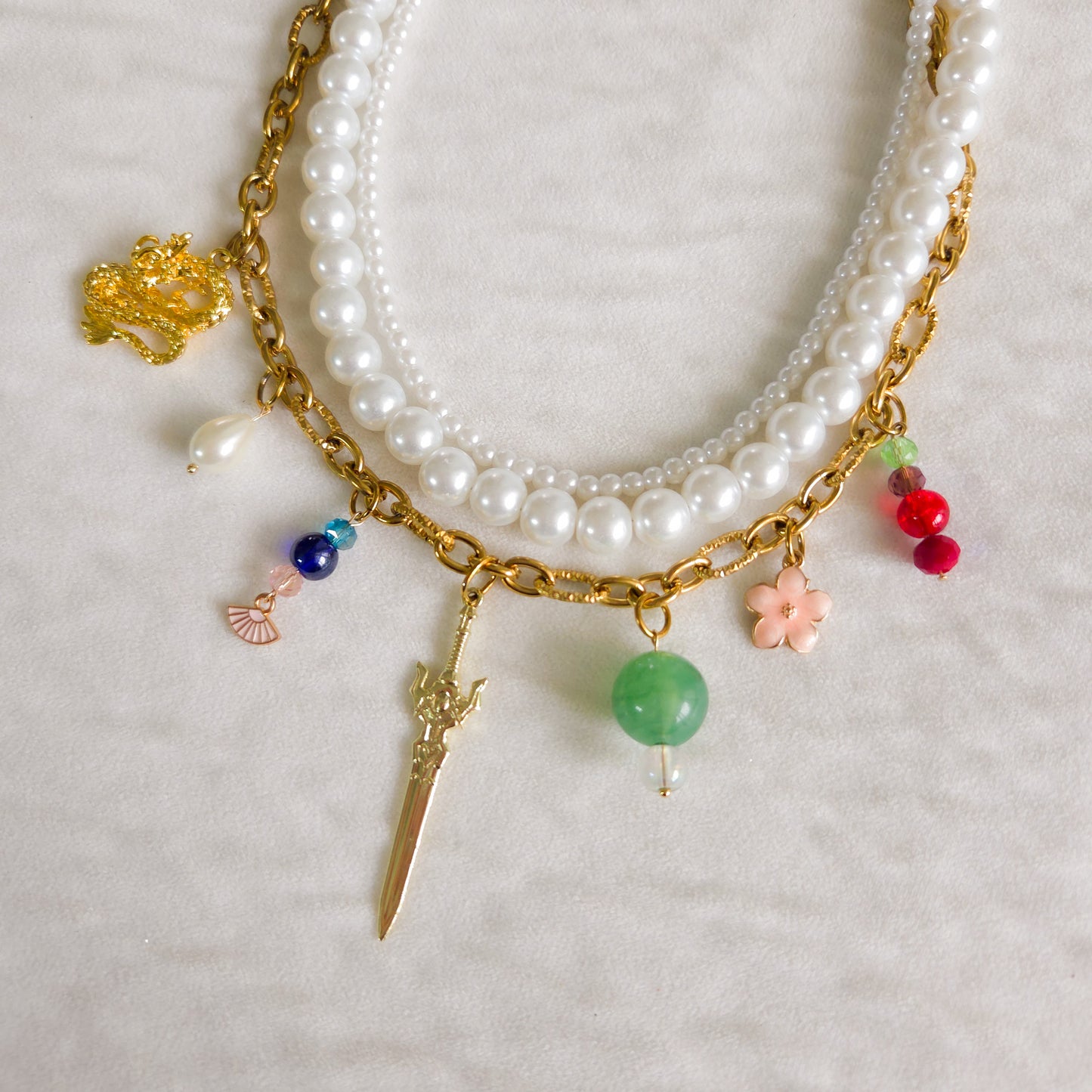 🌸Mulan-Inspired Necklace – Warrior Statement Jewelry | Sword Charm, Dragon, Jade & Pearls