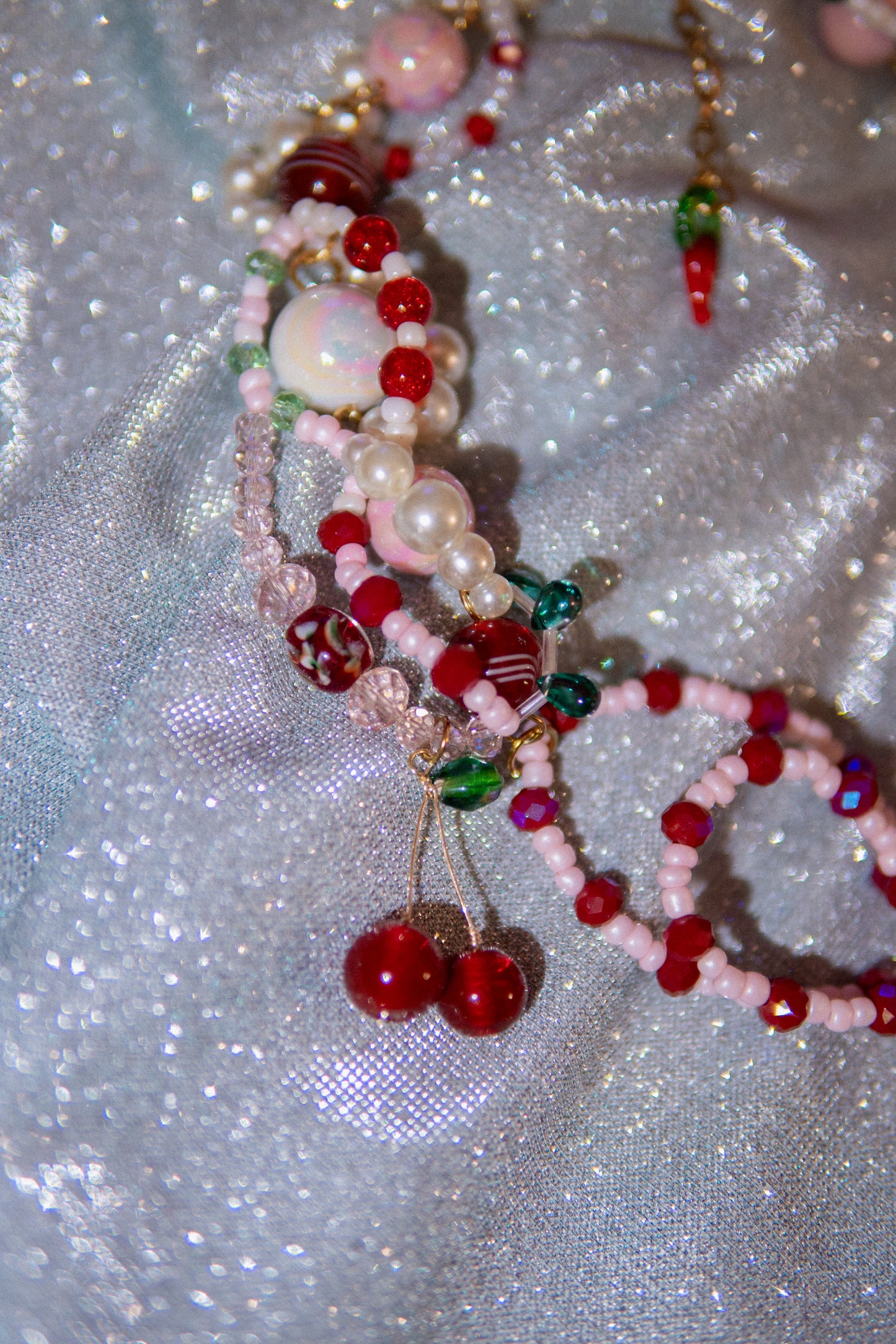 ππ Lazo Cherry Dreams Necklace β Beaded Bow, Cherries & Semi-Precious Stones | Handmade Statement Jewelry