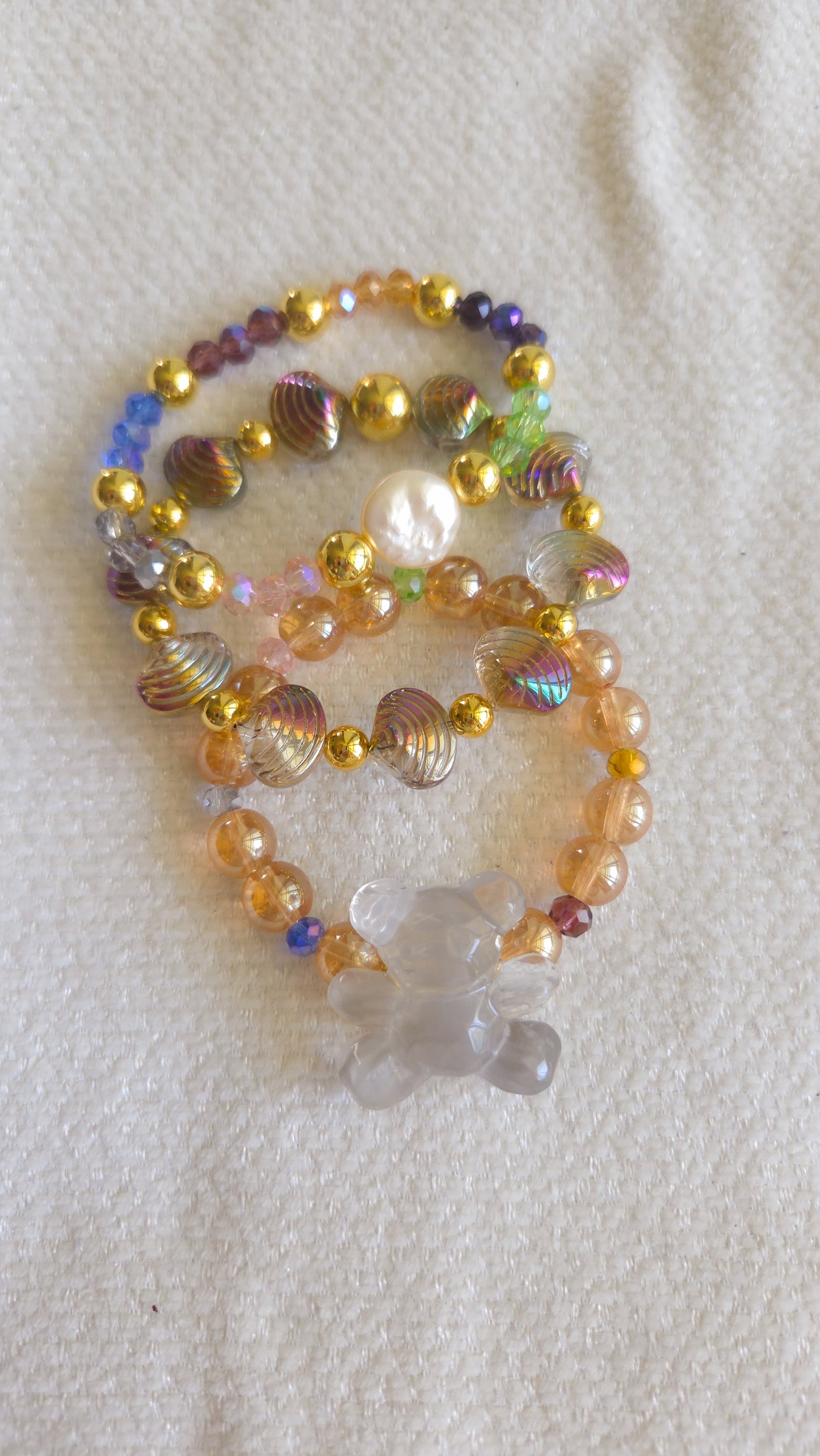 Golden Seas & Gummy Dreams Bracelet Set 🐚✨🐻 | Handmade Y2K Kawaii Dopamine Dressing Jewelry