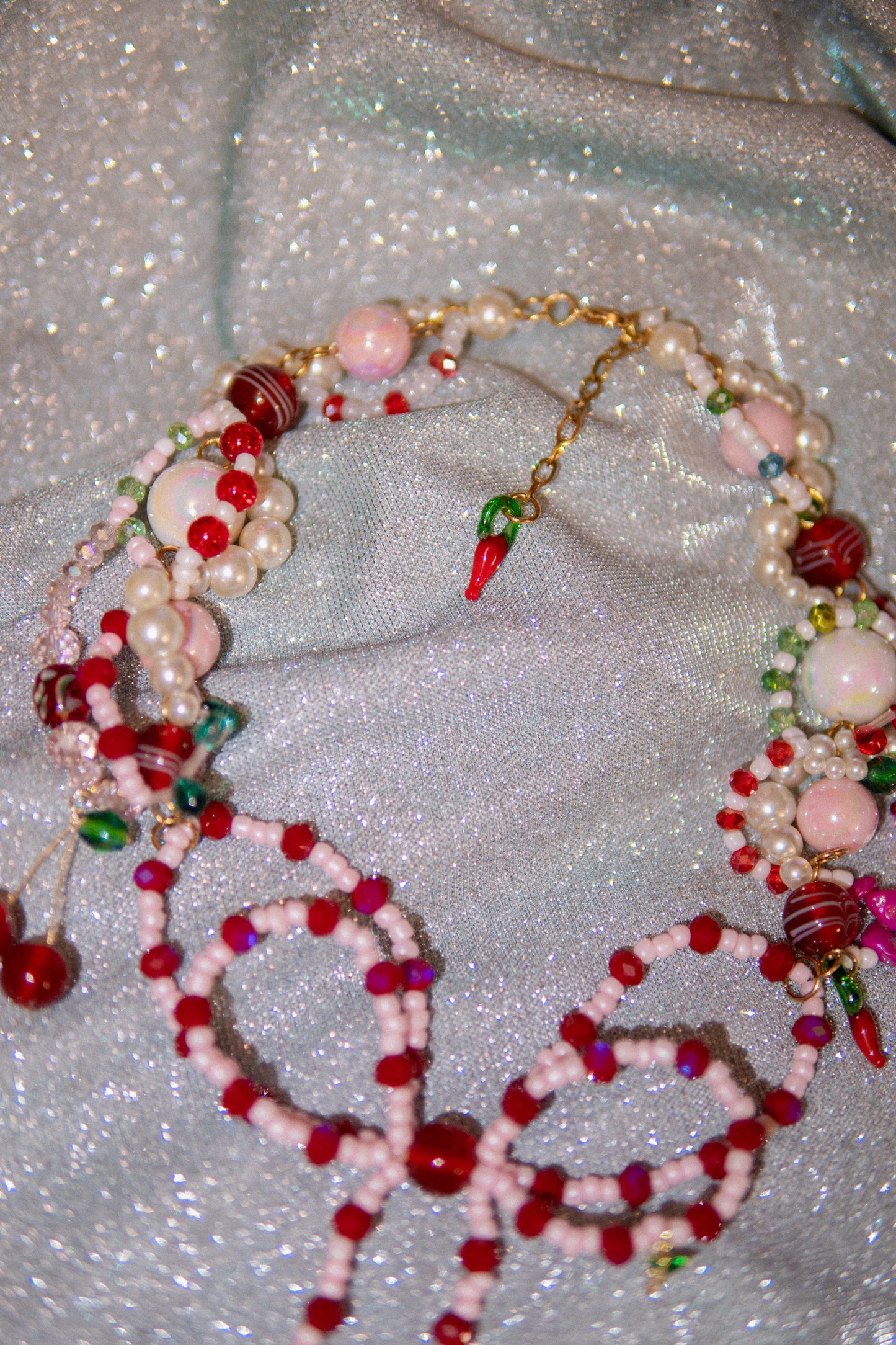 ππ Lazo Cherry Dreams Necklace β Beaded Bow, Cherries & Semi-Precious Stones | Handmade Statement Jewelry