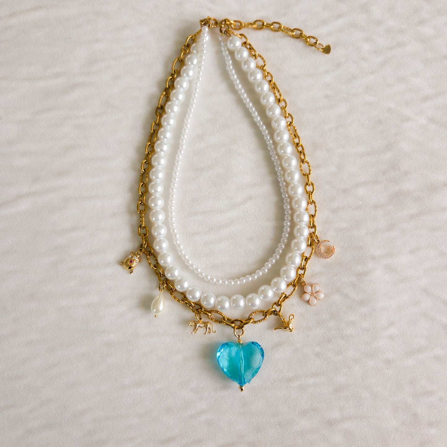 💎Jasmine-Inspired Layered Necklace – Handmade Statement Jewelry with Charms, Pearls & Golden Details