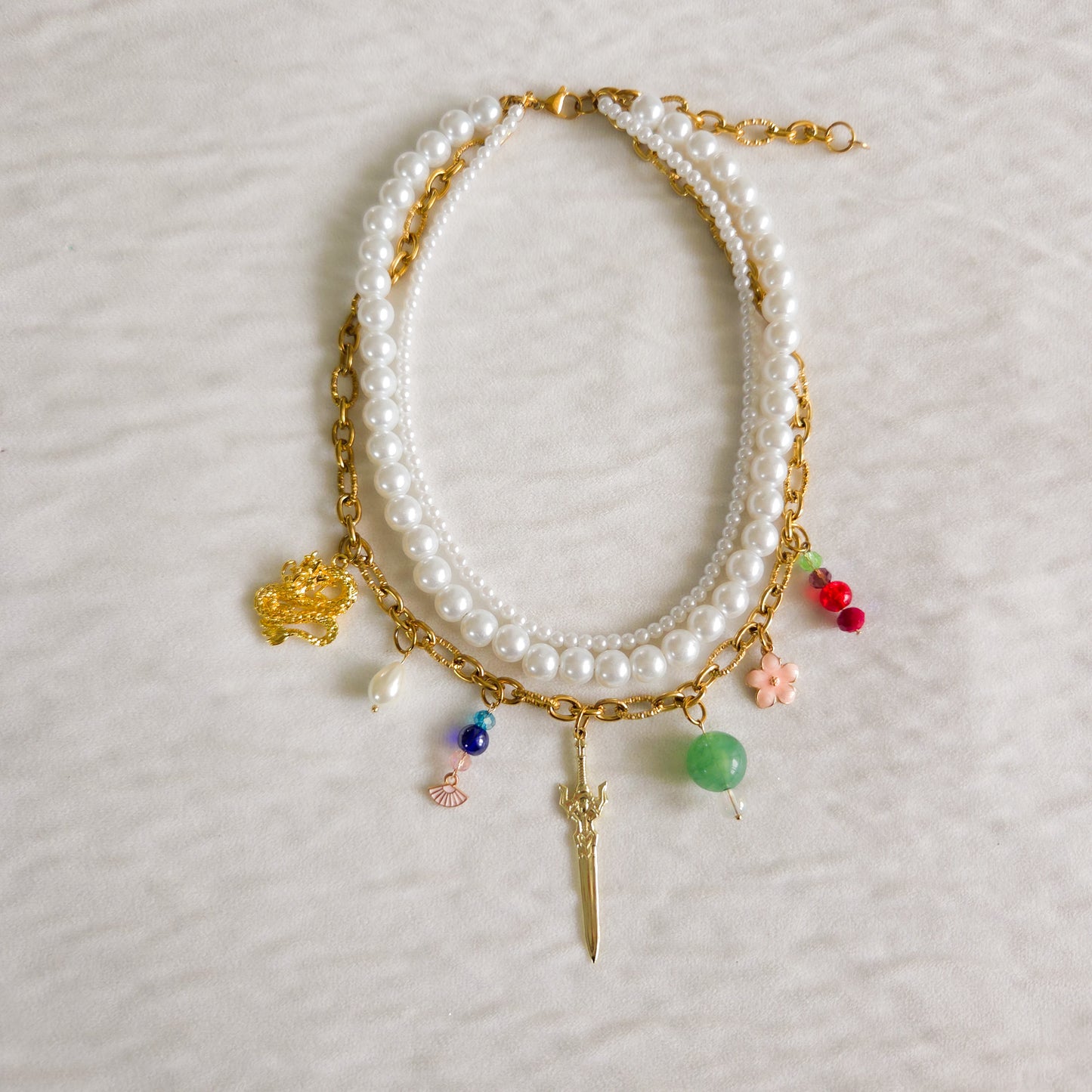 🌸Mulan-Inspired Necklace – Warrior Statement Jewelry | Sword Charm, Dragon, Jade & Pearls