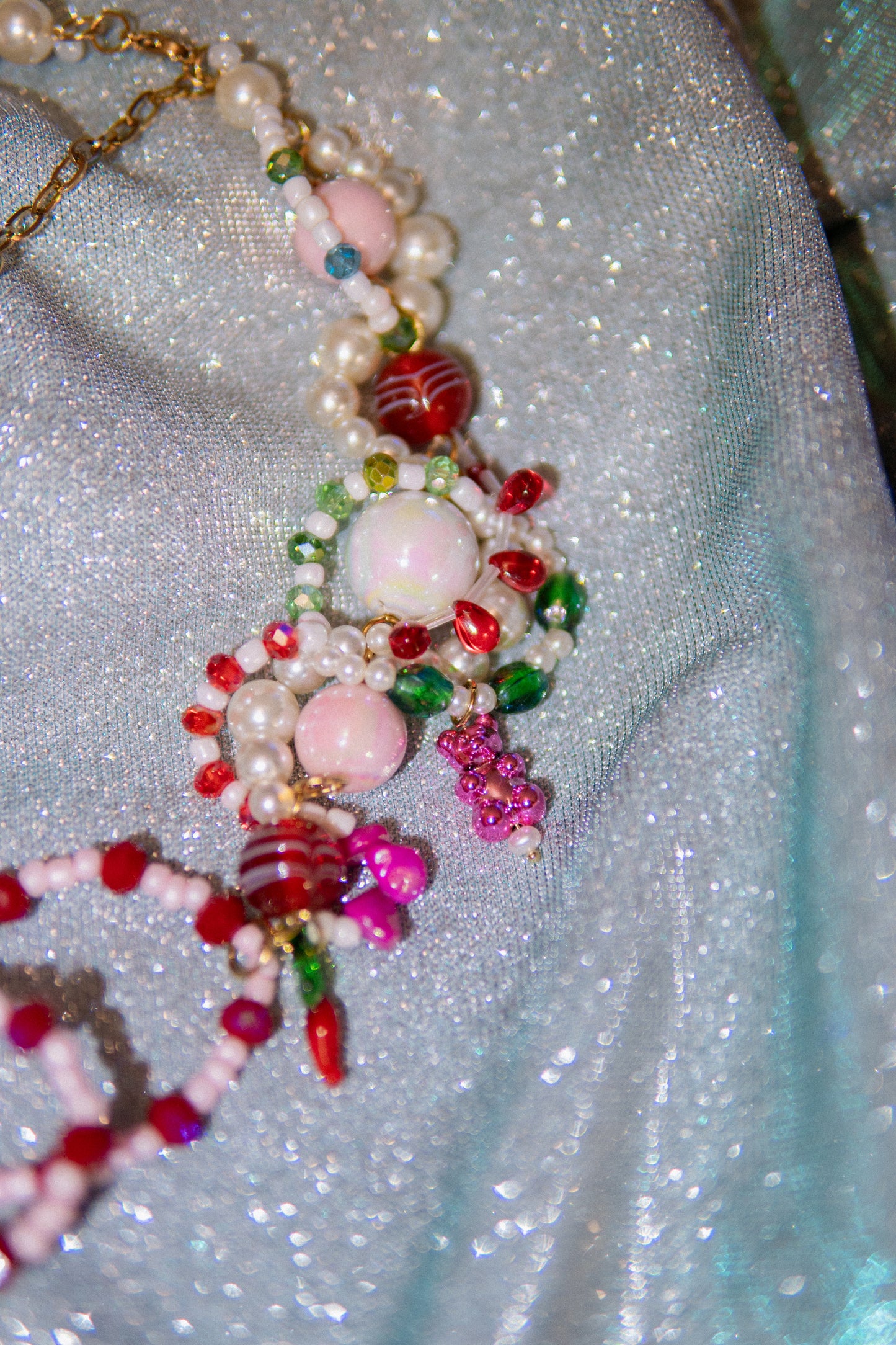 ππ Lazo Cherry Dreams Necklace β Beaded Bow, Cherries & Semi-Precious Stones | Handmade Statement Jewelry