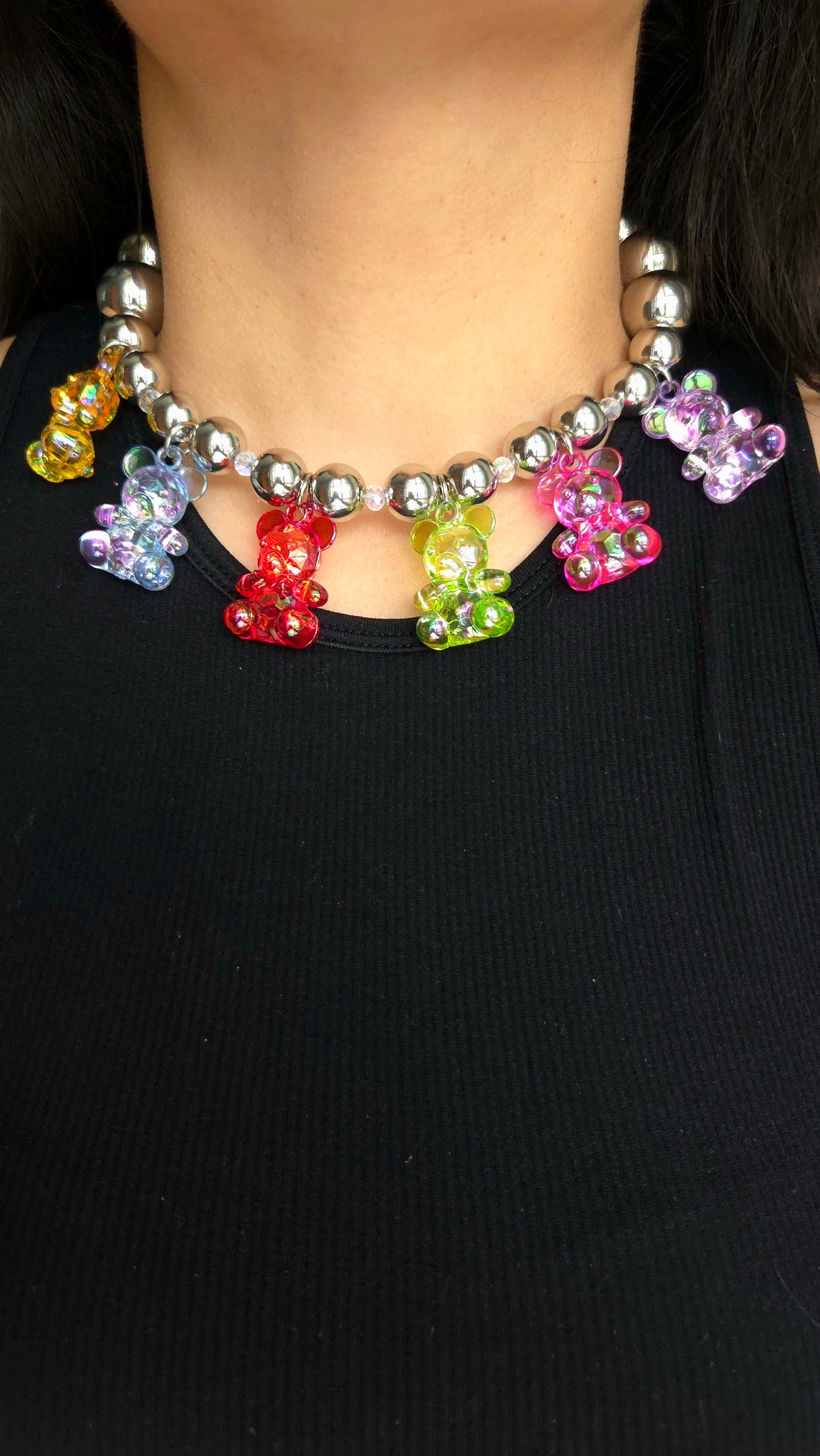 ✨ Silver Teddy Party Necklace – Chunky Colorful Statement Choker | Handmade Dopamine Dressing Jewelry