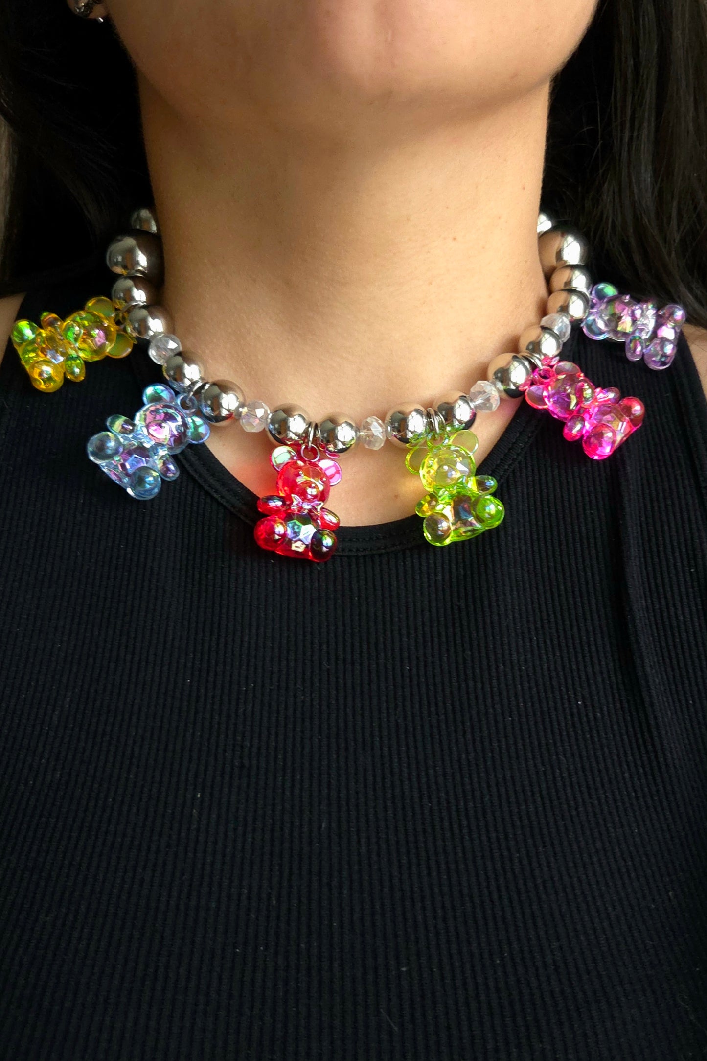 ✨ Silver Teddy Party Necklace – Chunky Colorful Statement Choker | Handmade Dopamine Dressing Jewelry