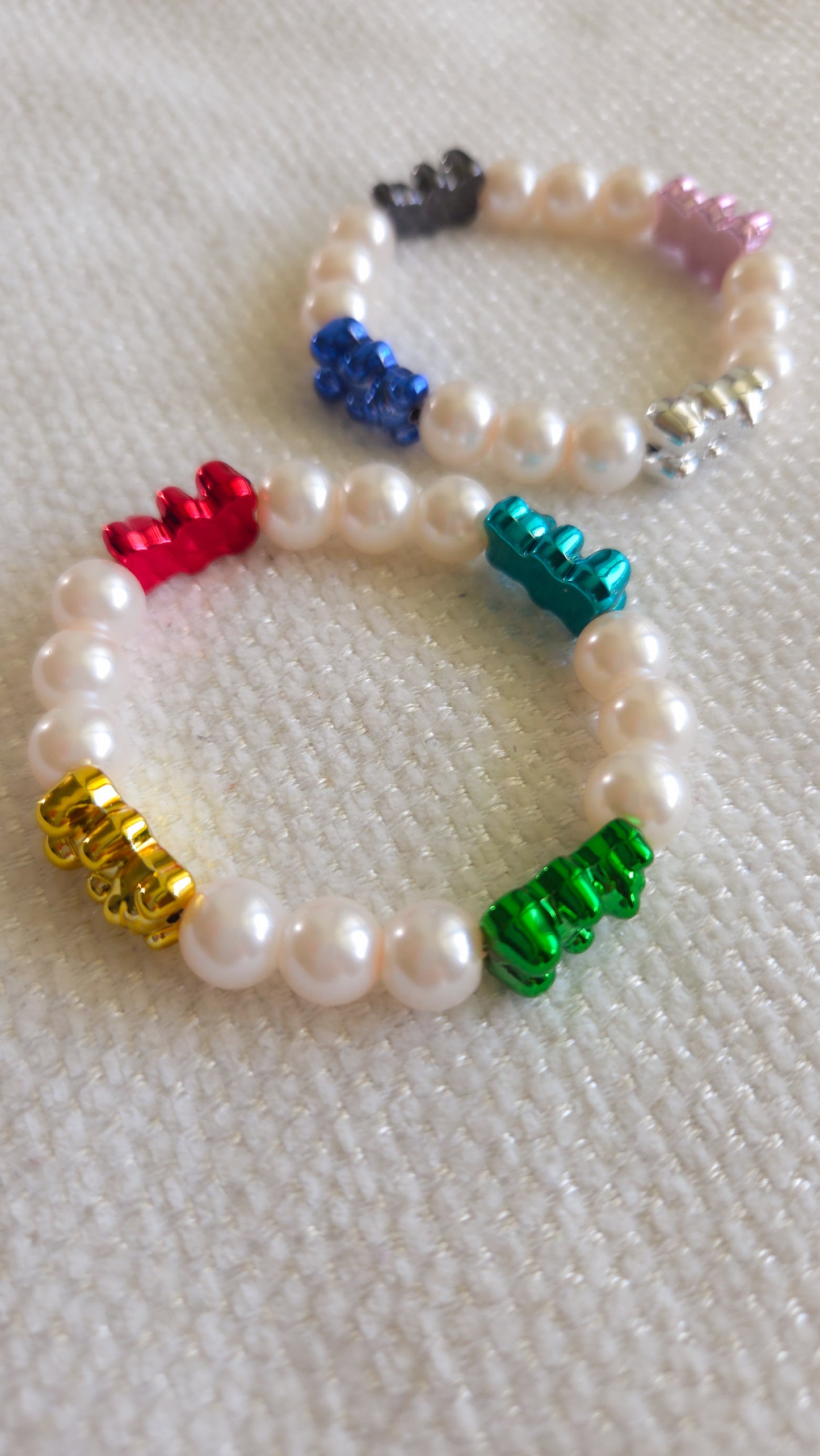 Metallic Teddy Pearl Bracelet Set ✨🐻 | Handmade Y2K Kawaii Dopamine Dressing Jewelry