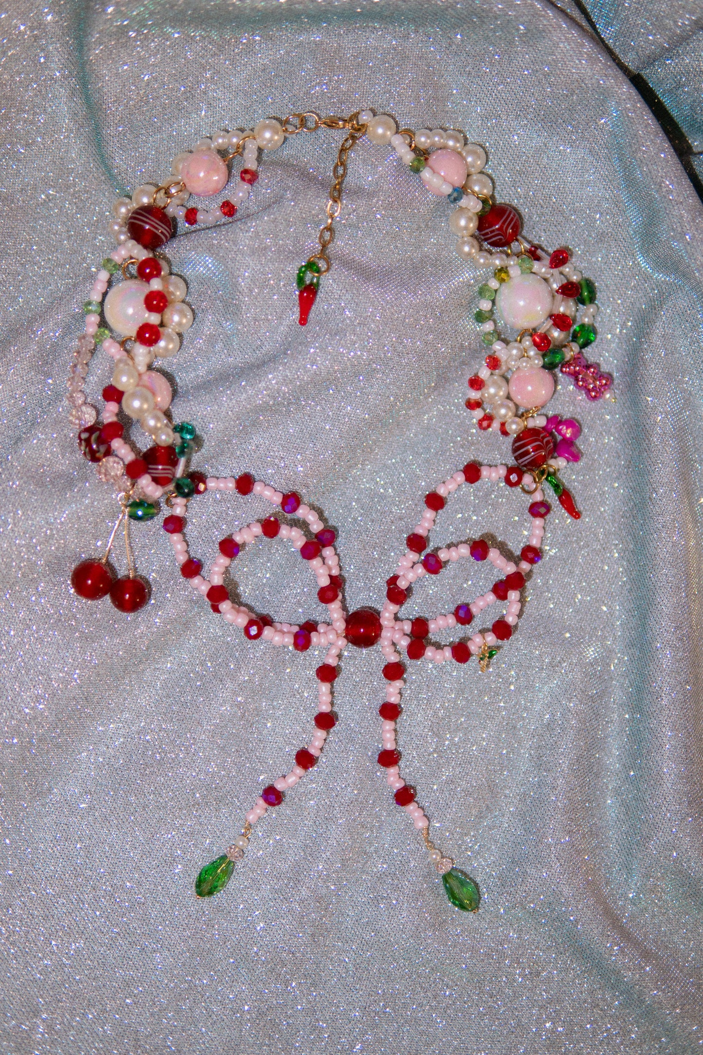 ππ Lazo Cherry Dreams Necklace β Beaded Bow, Cherries & Semi-Precious Stones | Handmade Statement Jewelry