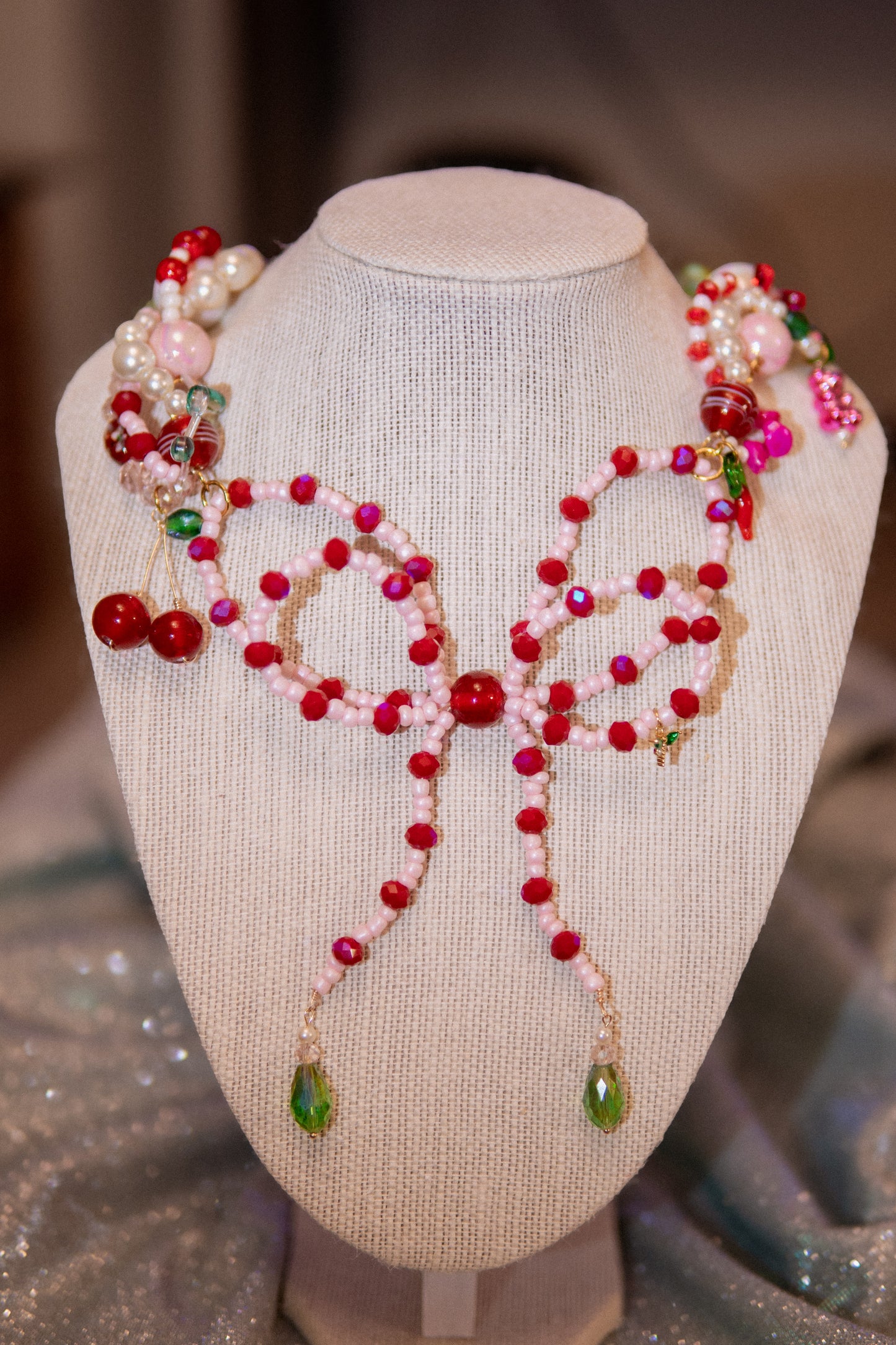 ππ Lazo Cherry Dreams Necklace β Beaded Bow, Cherries & Semi-Precious Stones | Handmade Statement Jewelry