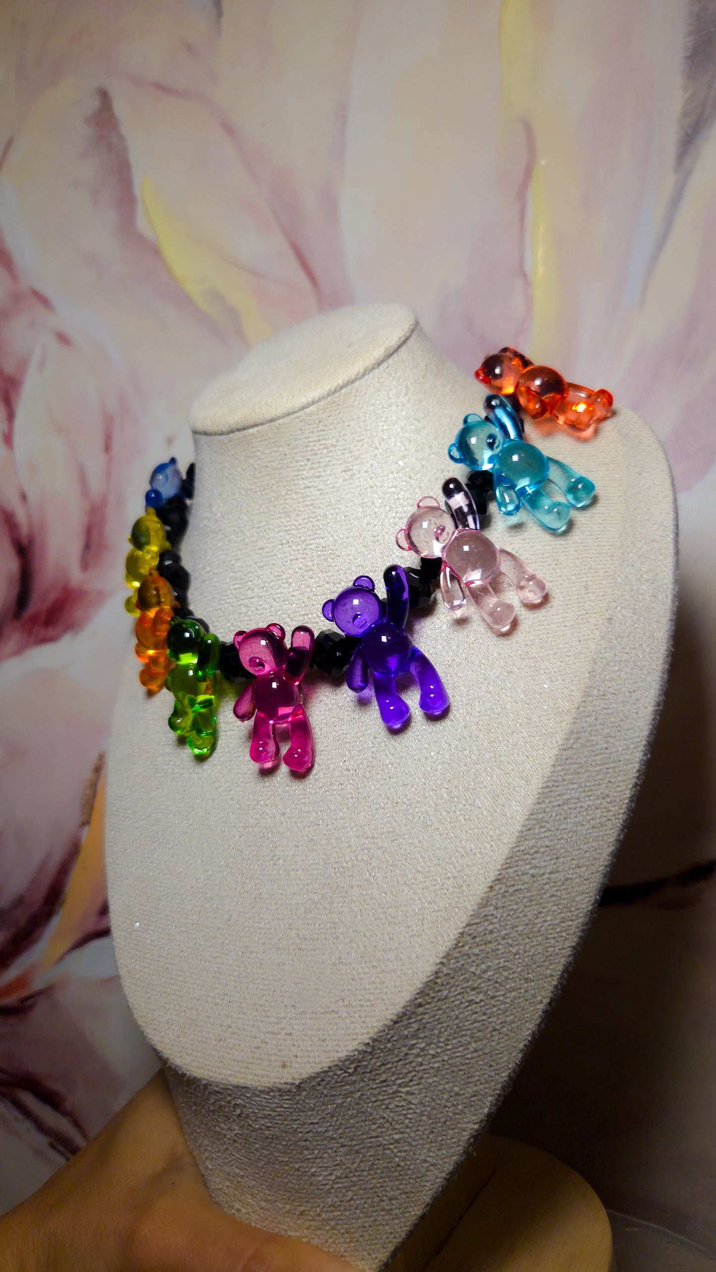 Black Crystal Teddies Necklace – Acrylic Pearls & Teddy Bear Charms | Handmade Y2K Statement Jewelry