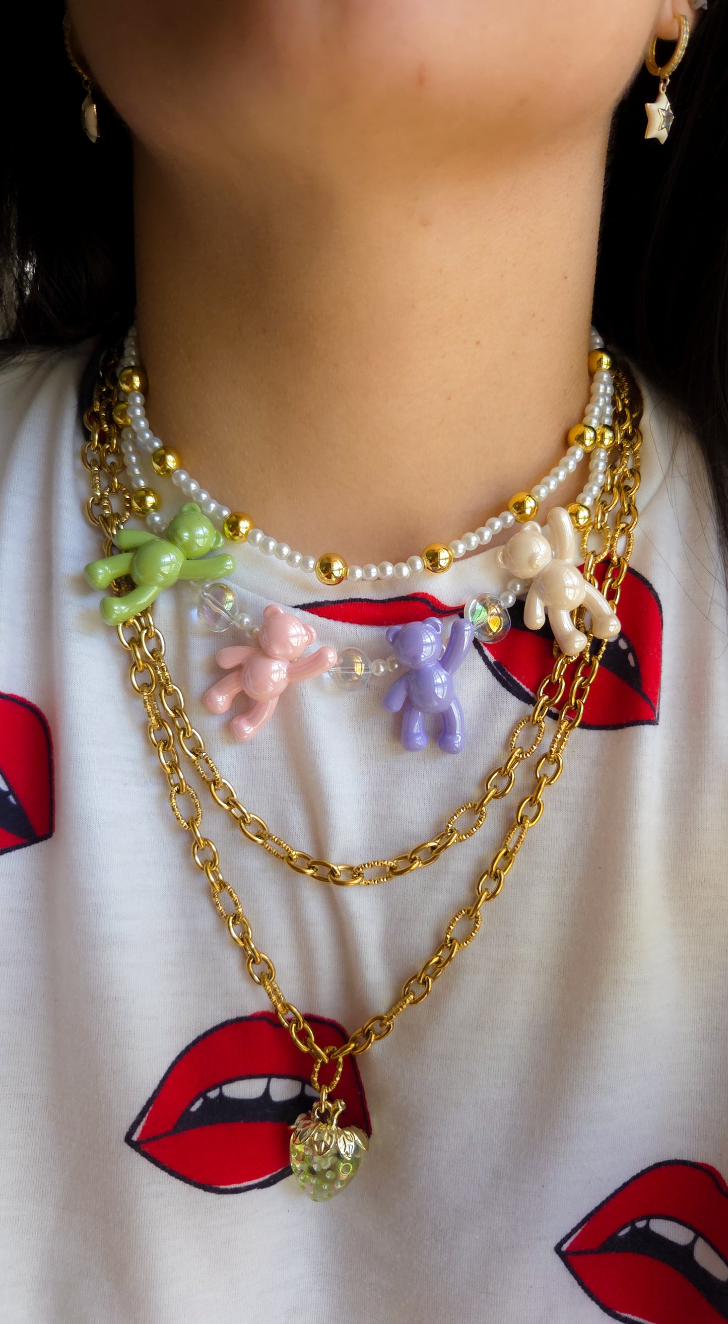 π Strawberry Teddy Dreams Necklace β Y2K Statement Layers