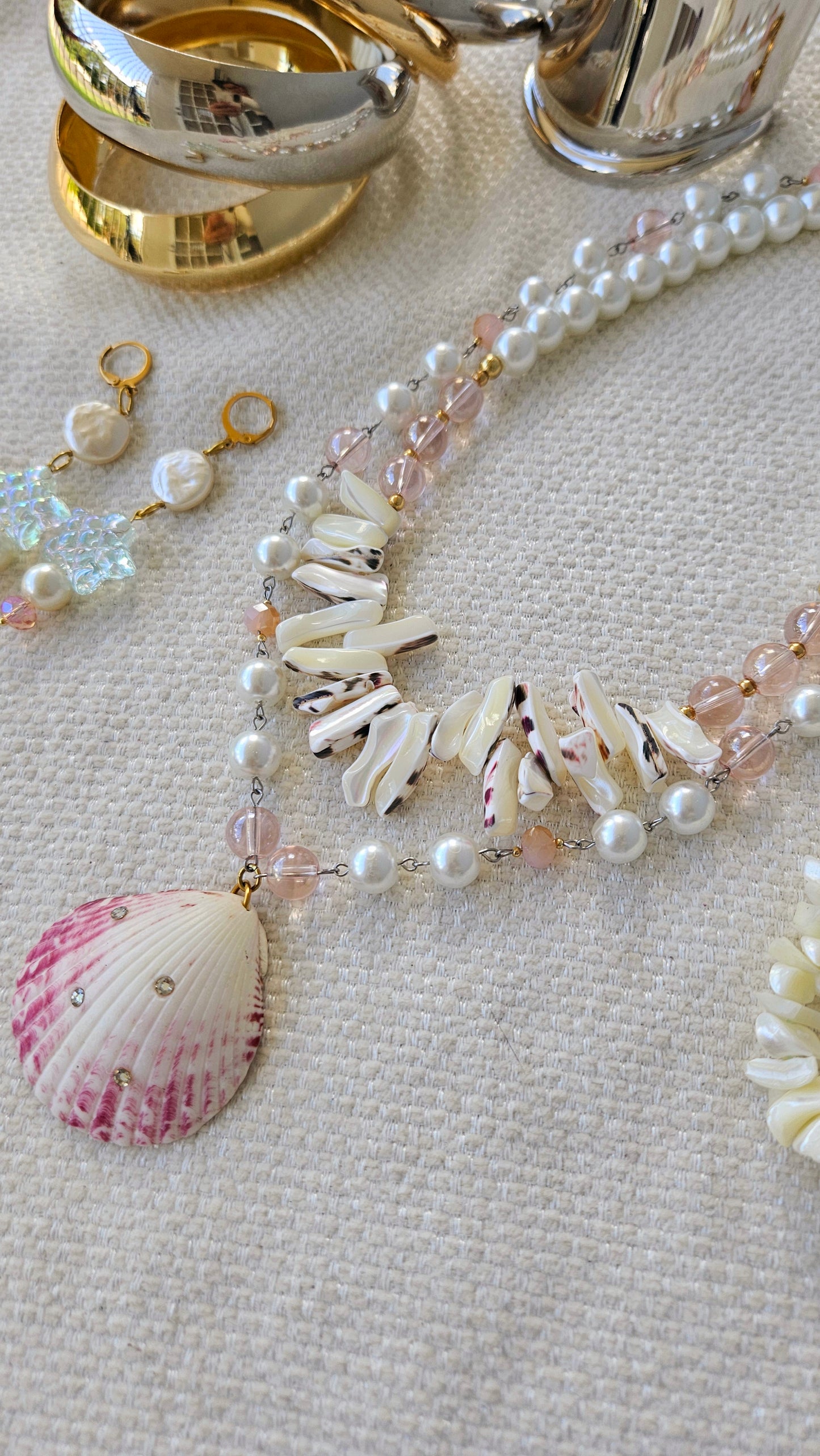 🌊✨ Coastal Glitz Necklace – Two-Layer Glass Pearl & Shell Pendant Necklace | Handmade Mermaid Vibes Jewelry