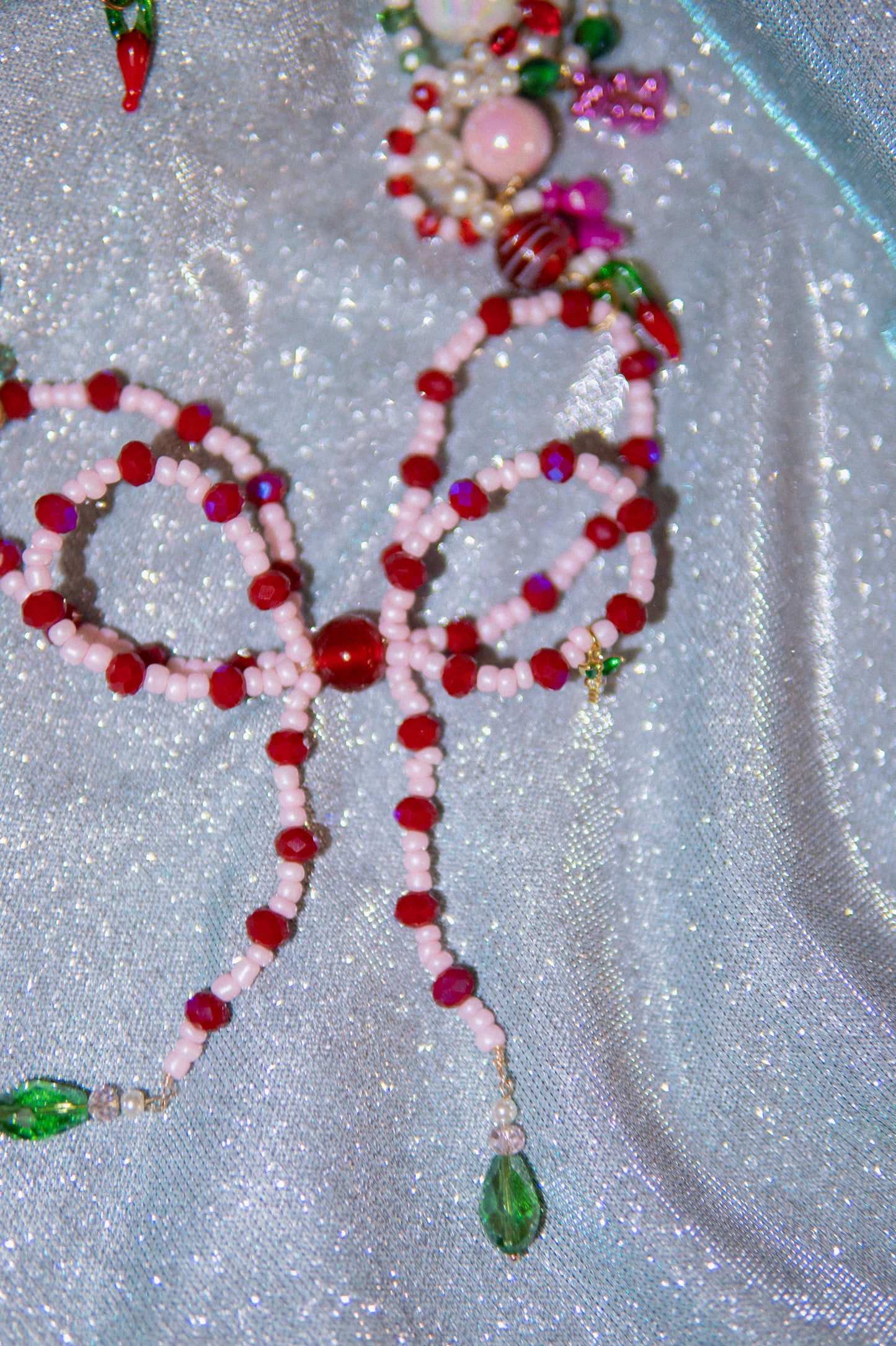 ππ Lazo Cherry Dreams Necklace β Beaded Bow, Cherries & Semi-Precious Stones | Handmade Statement Jewelry