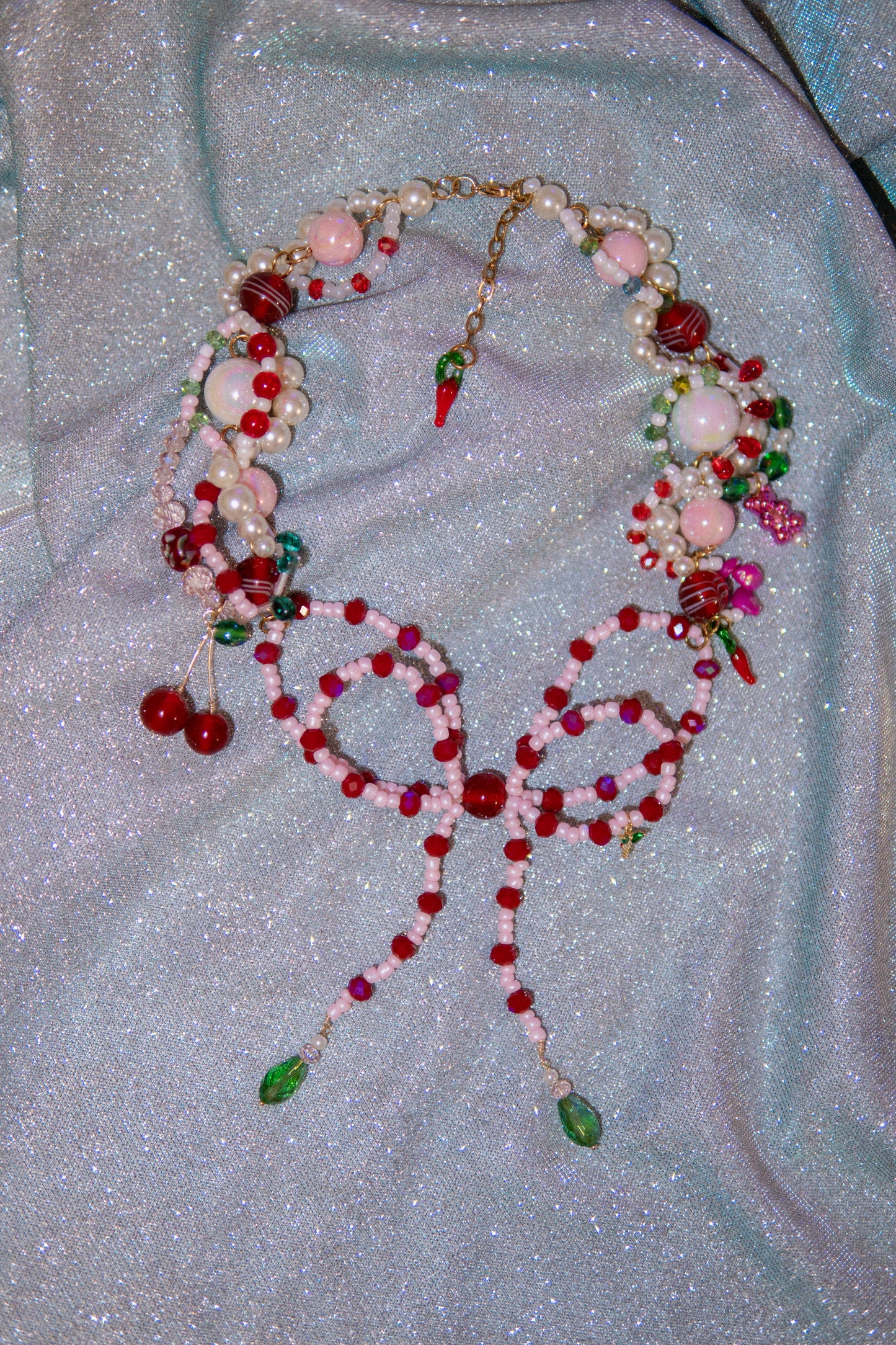ππ Lazo Cherry Dreams Necklace β Beaded Bow, Cherries & Semi-Precious Stones | Handmade Statement Jewelry