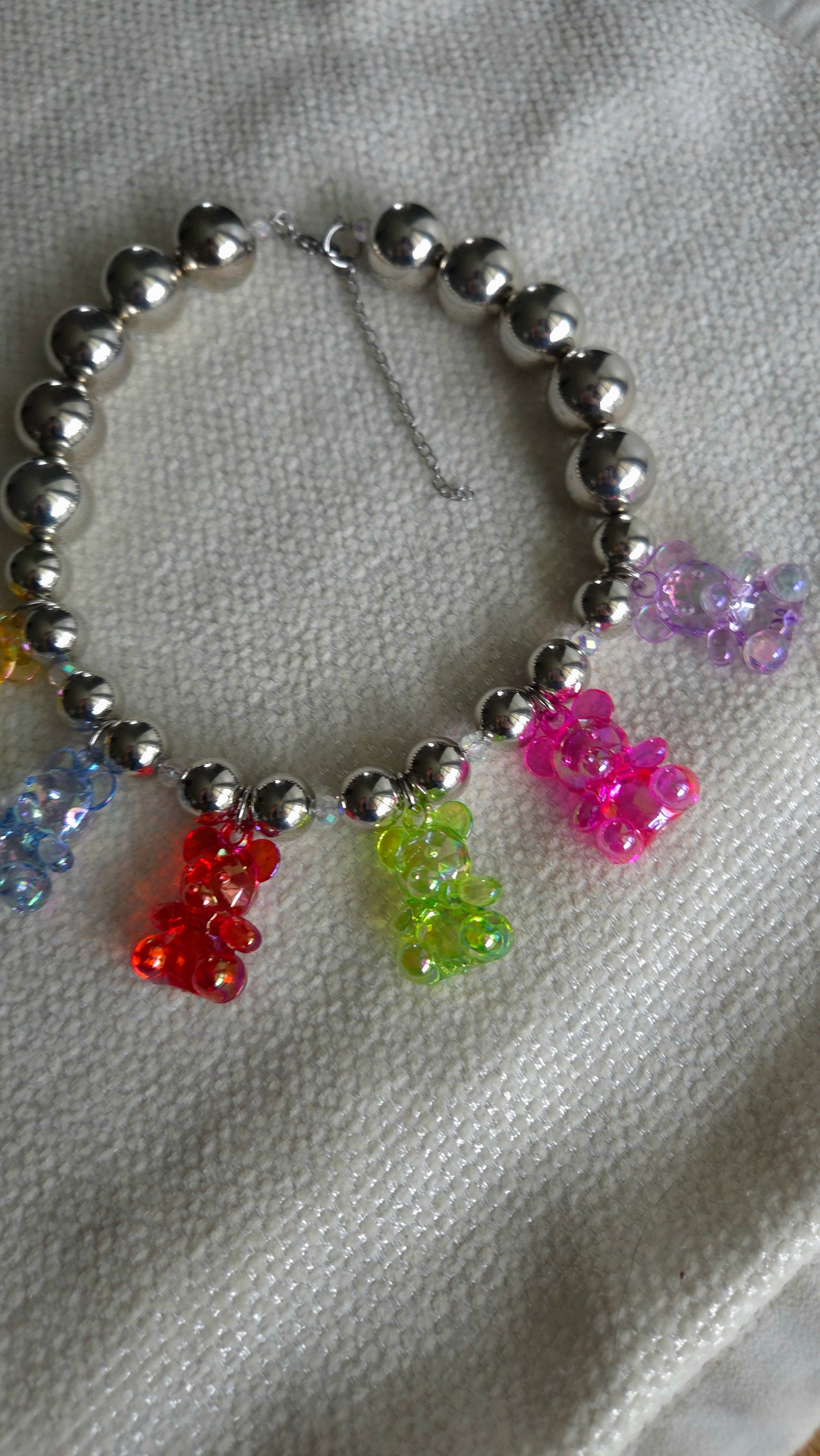 ✨ Silver Teddy Party Necklace – Chunky Colorful Statement Choker | Handmade Dopamine Dressing Jewelry