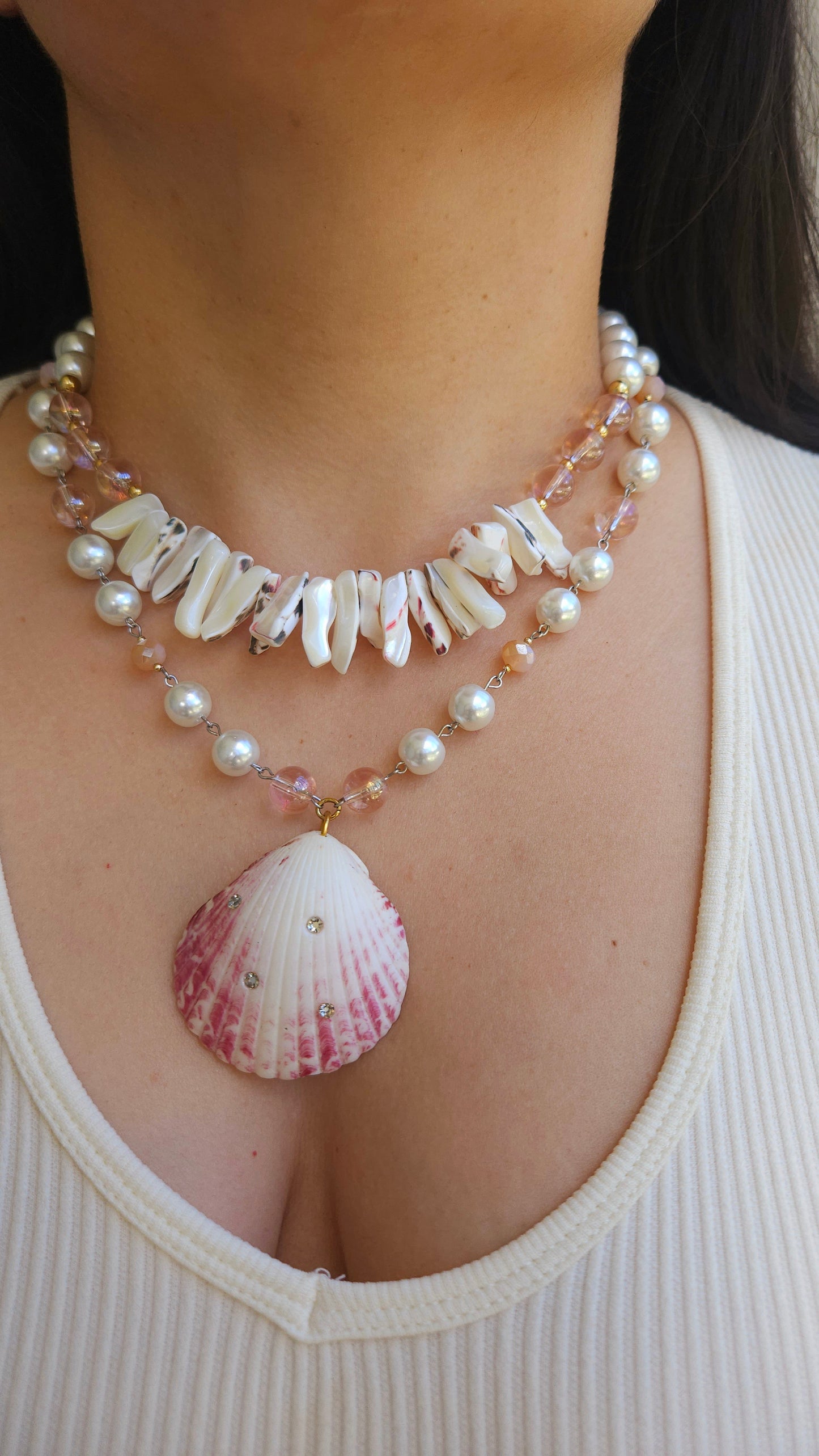 🌊✨ Coastal Glitz Necklace – Two-Layer Glass Pearl & Shell Pendant Necklace | Handmade Mermaid Vibes Jewelry
