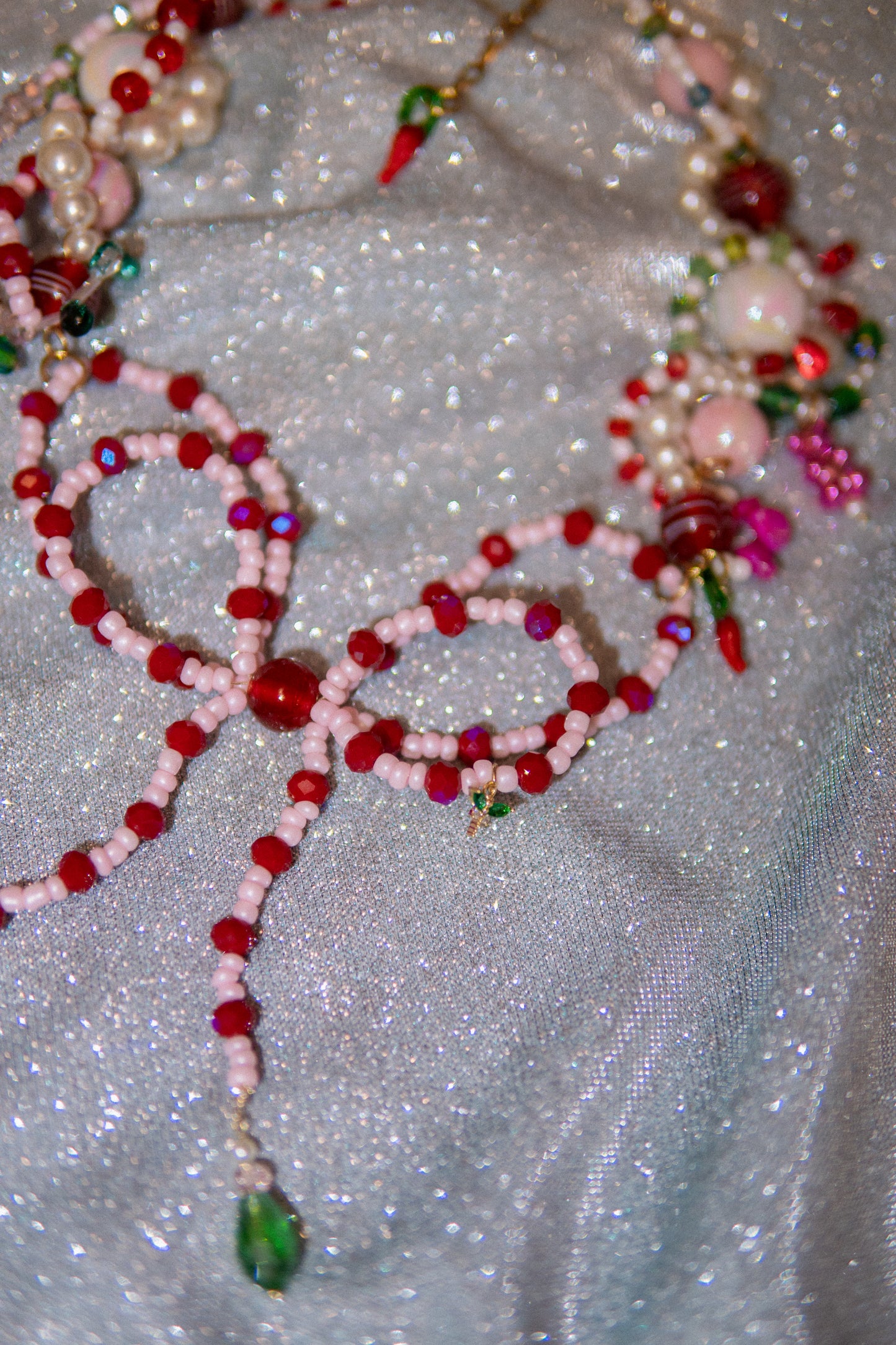 ππ Lazo Cherry Dreams Necklace β Beaded Bow, Cherries & Semi-Precious Stones | Handmade Statement Jewelry
