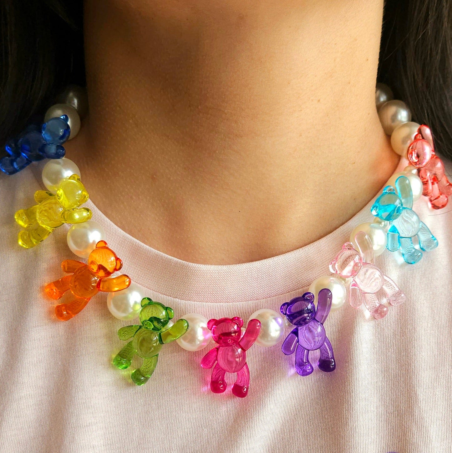 ✨ Crystal Teddies Necklace – Acrylic Pearls & Teddy Bear Charms | Handmade Y2K Statement Jewelry