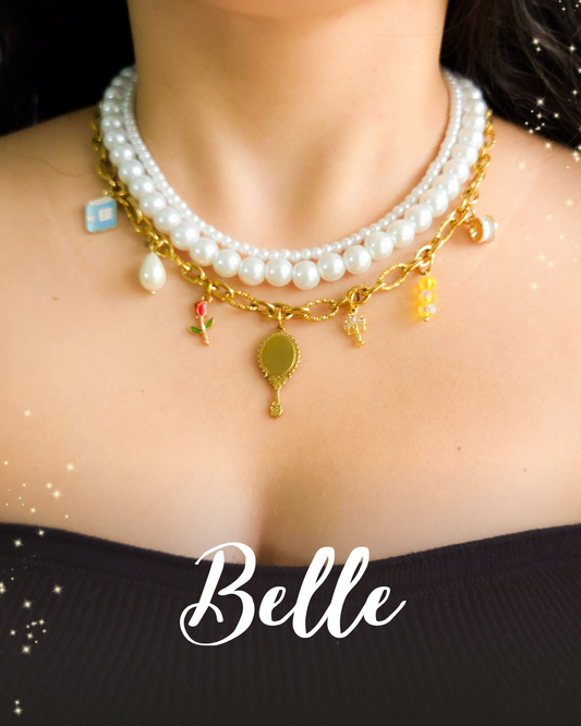 Belle princess inspired necklace featuring pearl layers and golden chain adorned with charms: rose, mirror, books, Chip the teacup, and more.