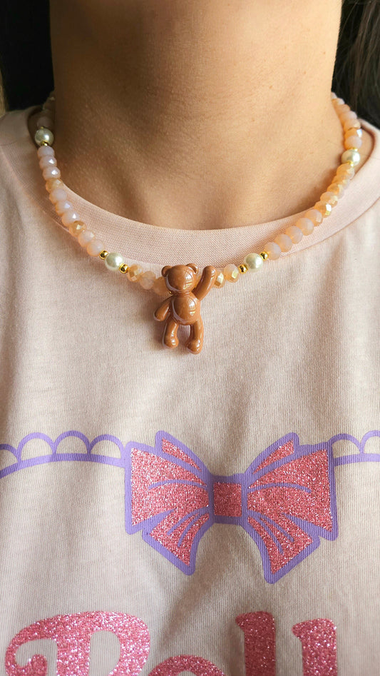 Cute Mocha Teddy Necklace handmade dainty glass pearls rondelle beads stainless steel dopamine jewelry.

