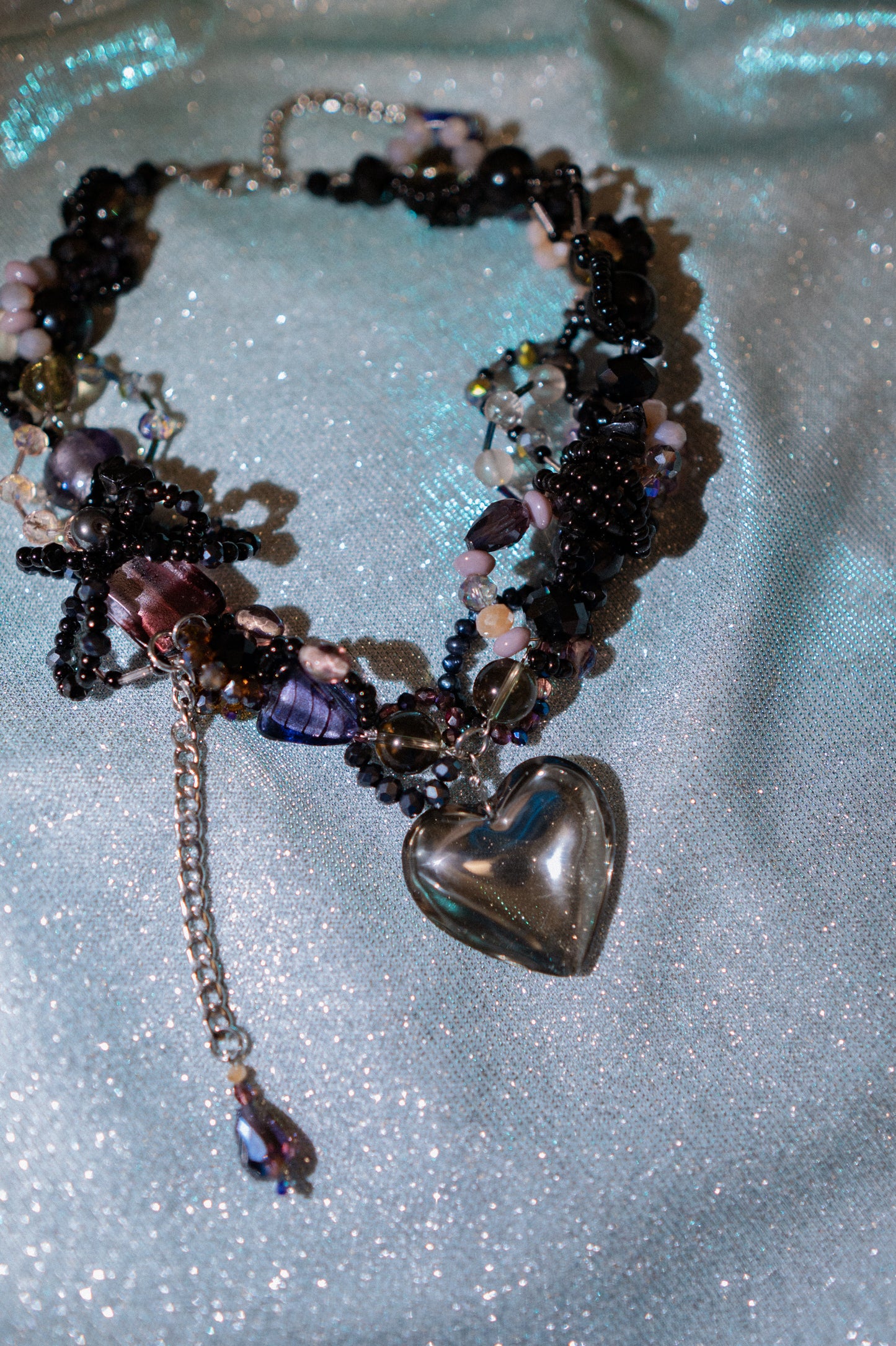 🖤✨ Enchanted Eclipse Necklace – Black Glass Heart, Freshwater Pearls & Semi-Precious Stones | Handmade Statement Jewelry