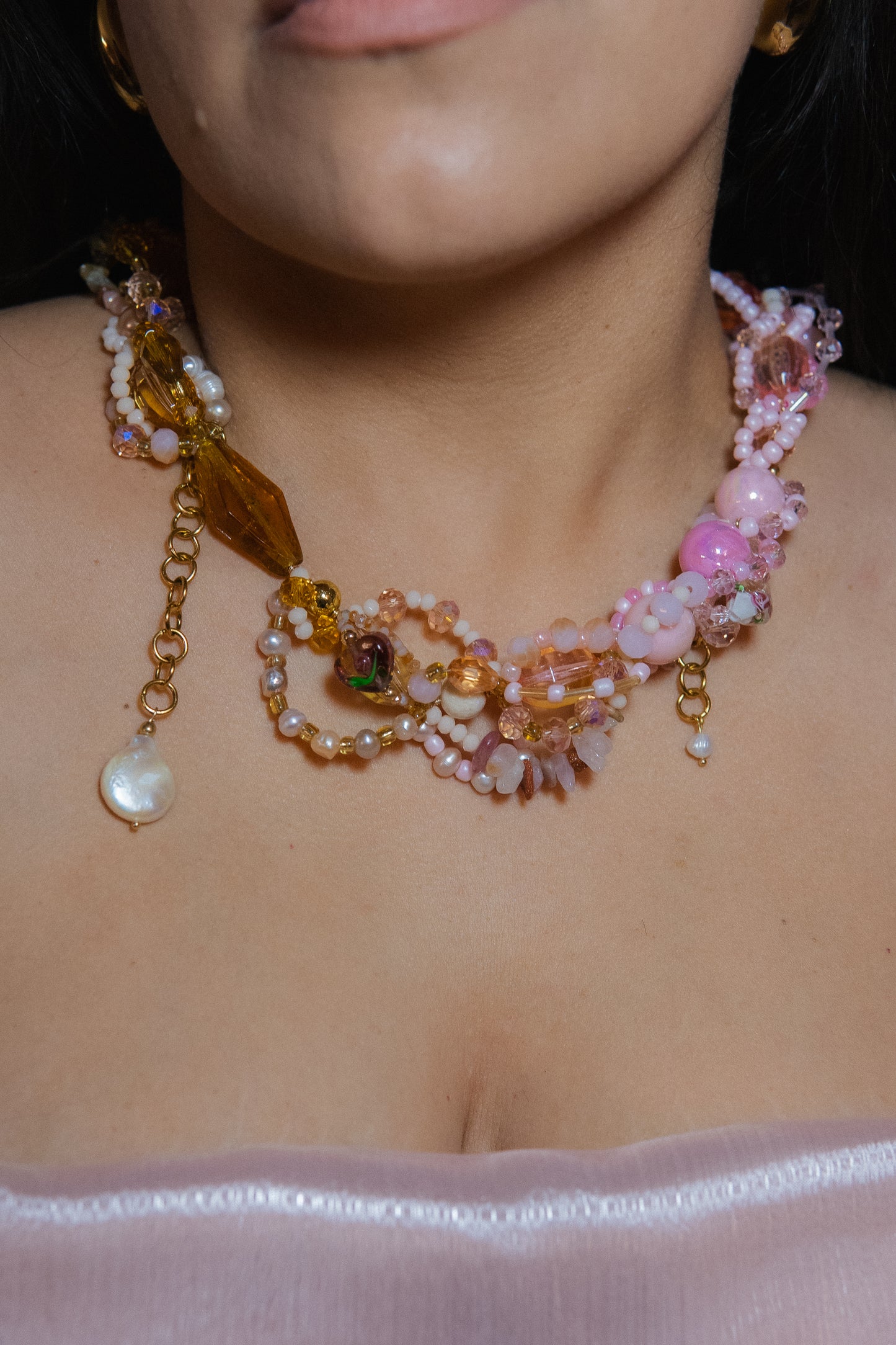 🌵🌹 Desert Rose Necklace – Glass Beads, Freshwater Pearls & Semi-Precious Stones | Handmade Statement Jewelry