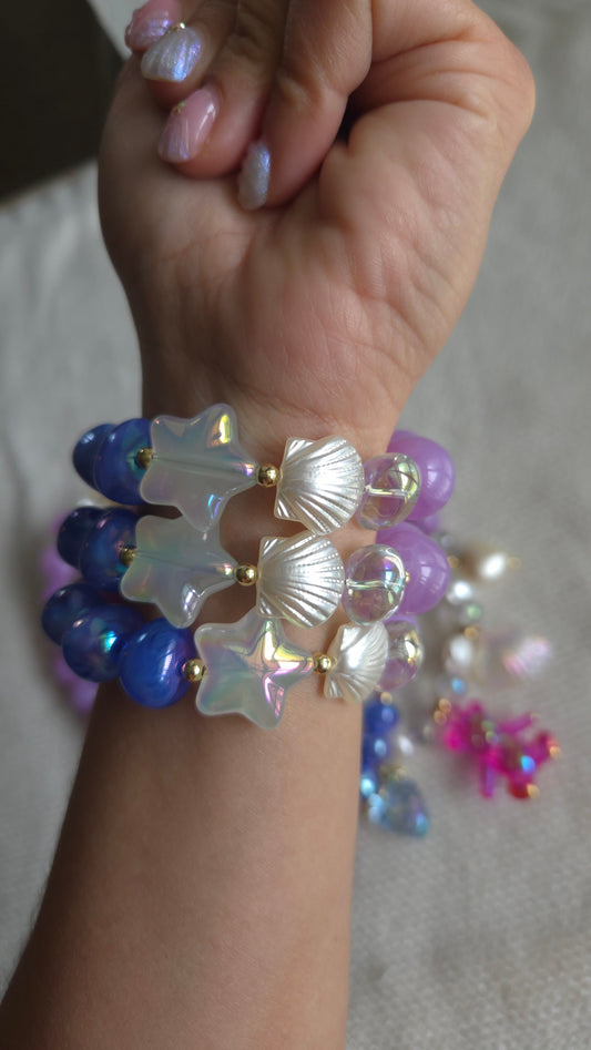 Dreamy Lilac Teddy bracelet with acrylic beads, kawaii teddy bear charm, glass pearls and crystal charms. Handmade statement jewelry.