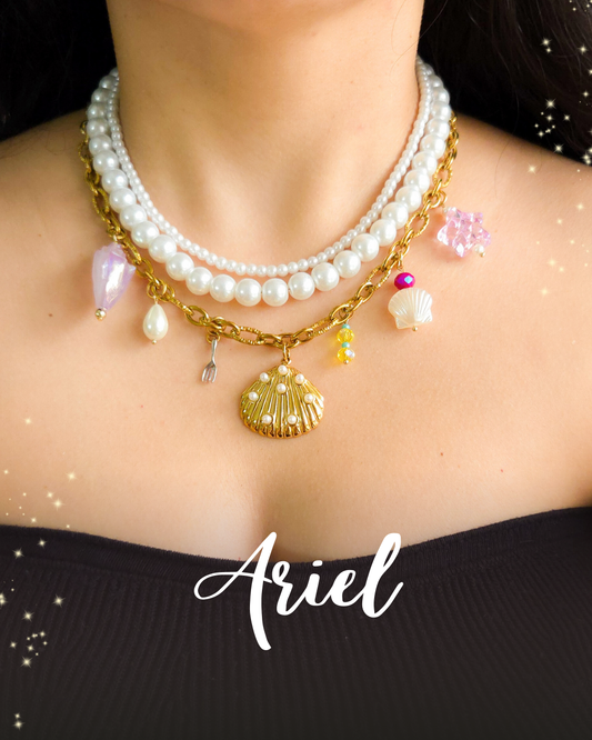 Three-layer Ariel-inspired necklace with glass pearls, gold-plated ocean-themed charms, and stainless steel chain. Handmade Disney princess jewelry.